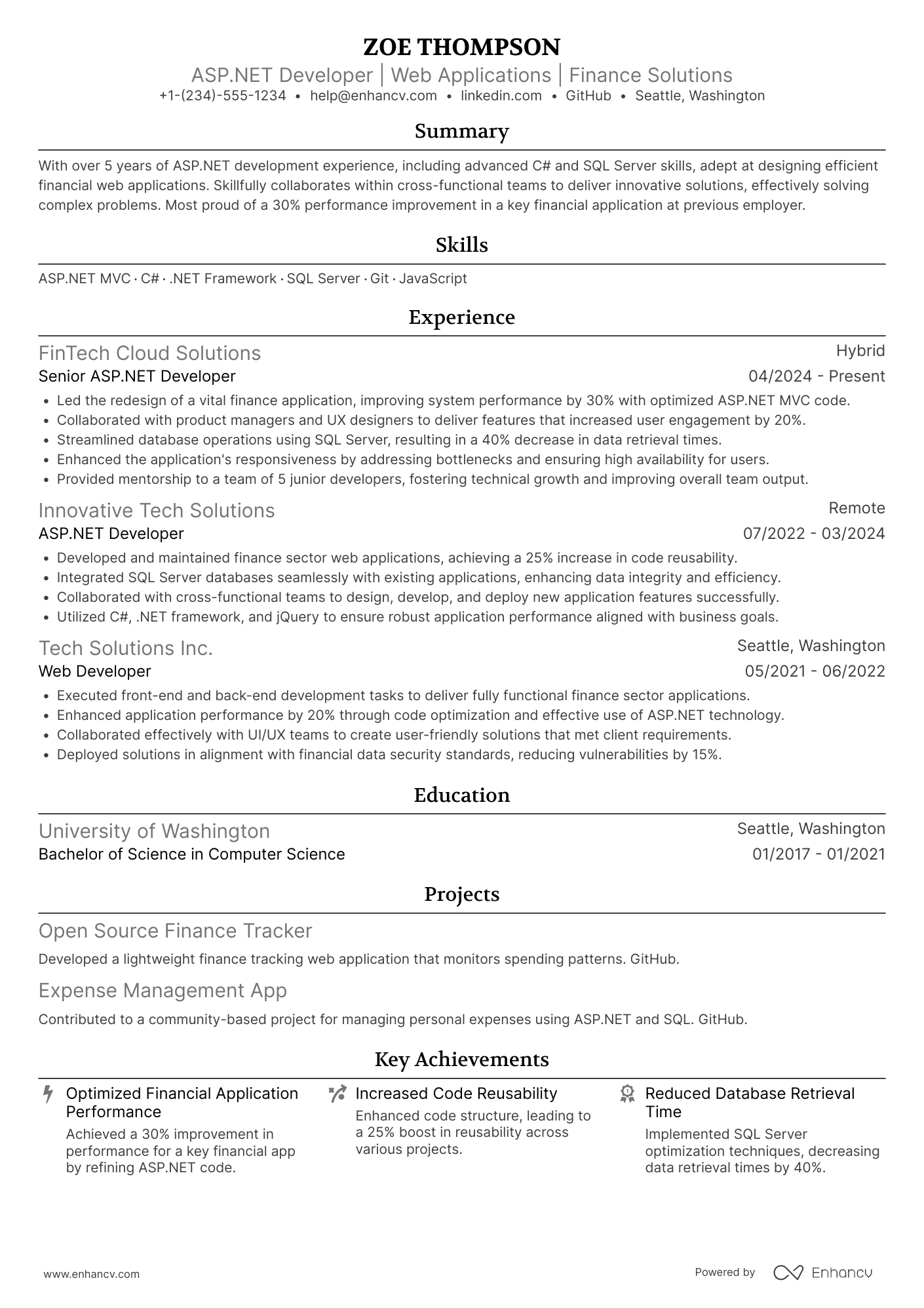 ASP.NET Developer resume example