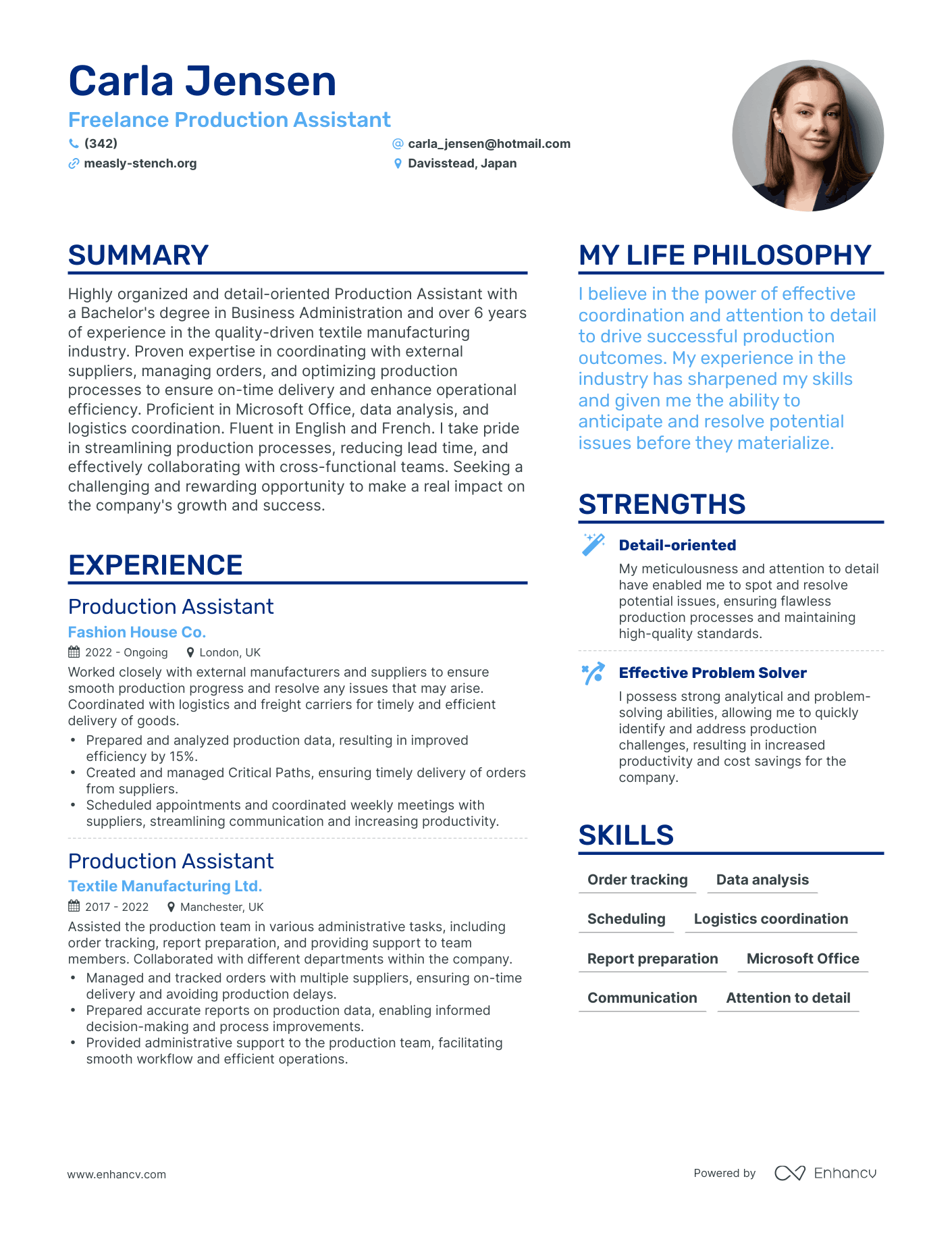 Freelance Production Assistant resume example