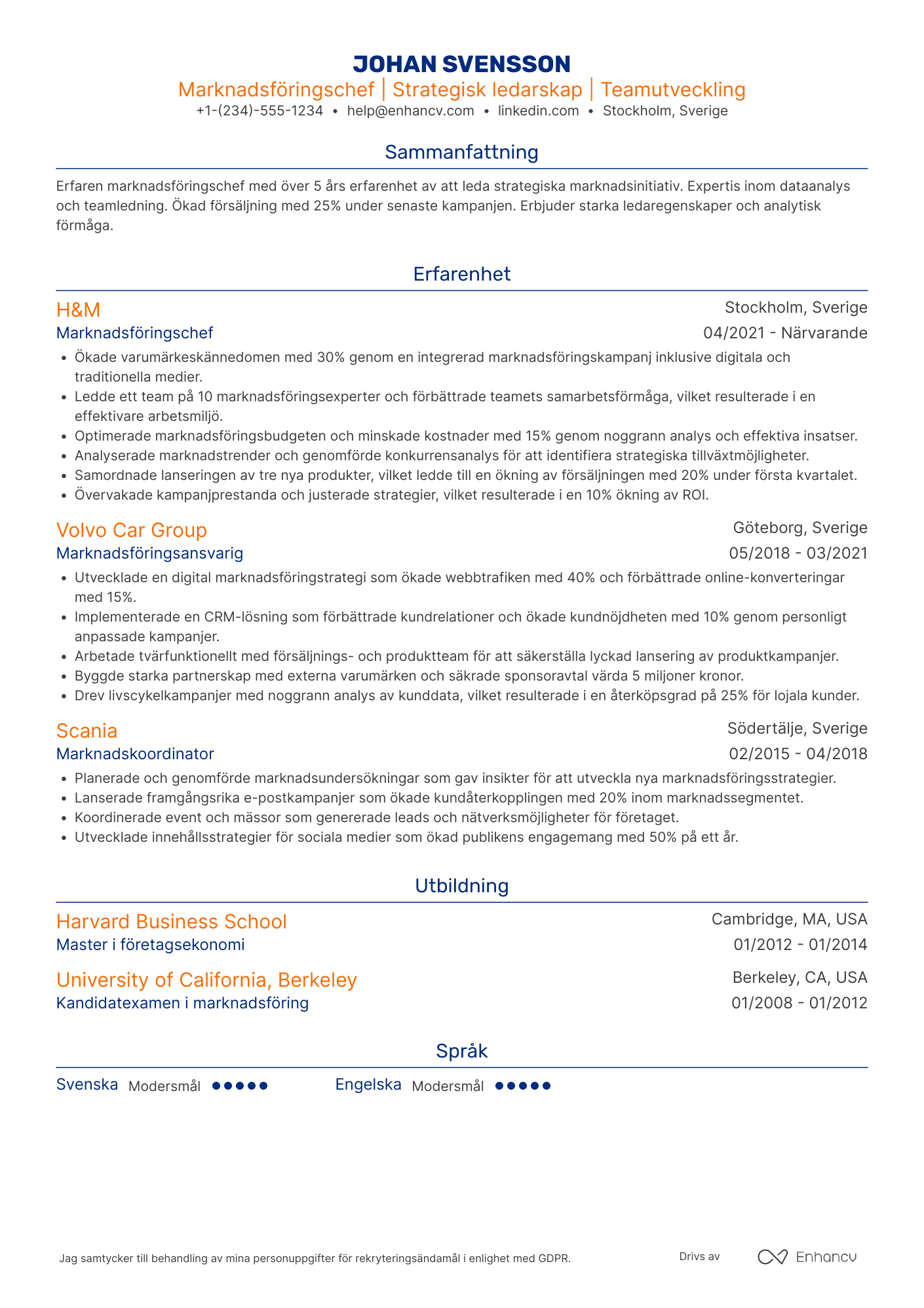 Marknadsföringschef CV