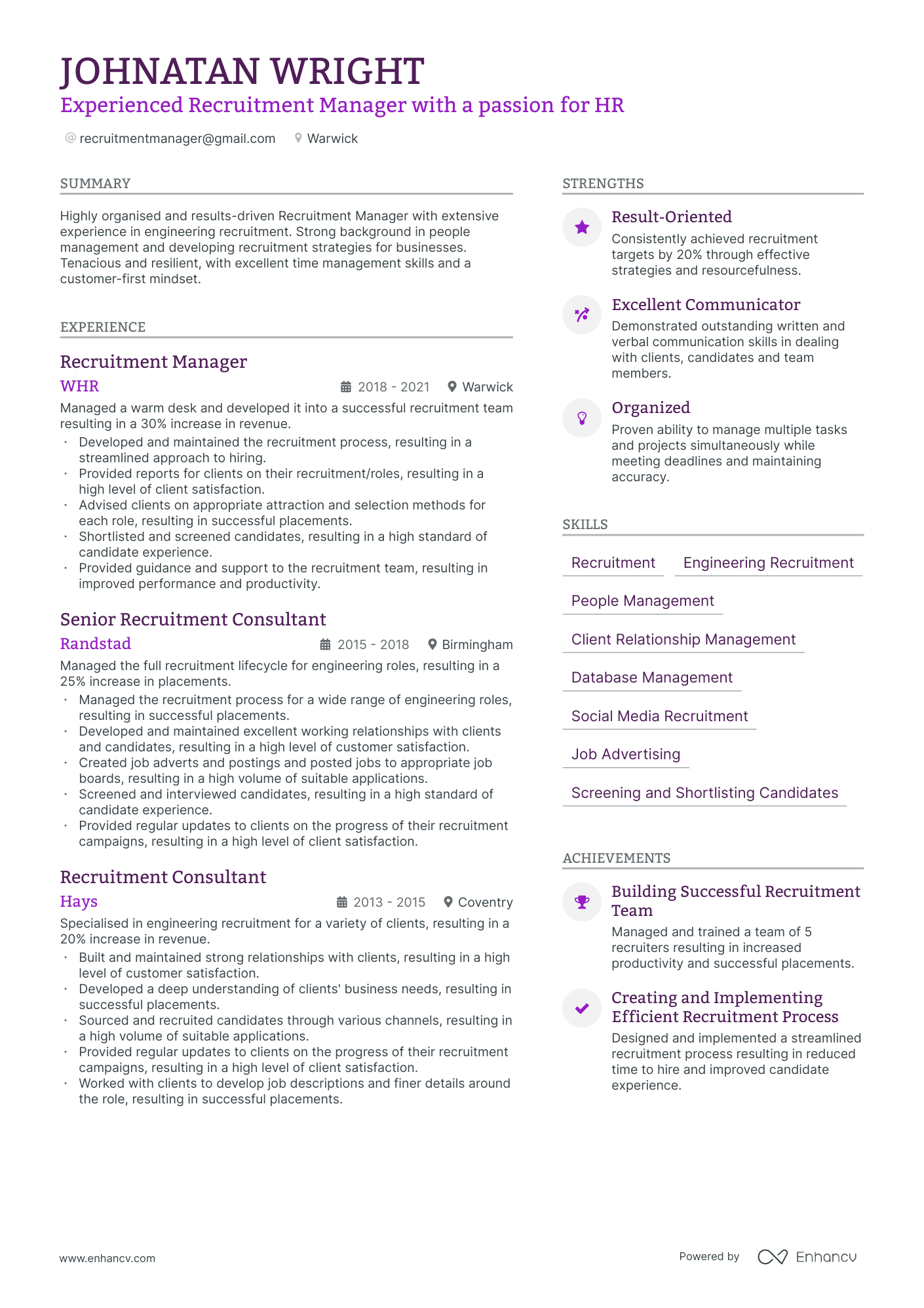 recruitment manager resume example