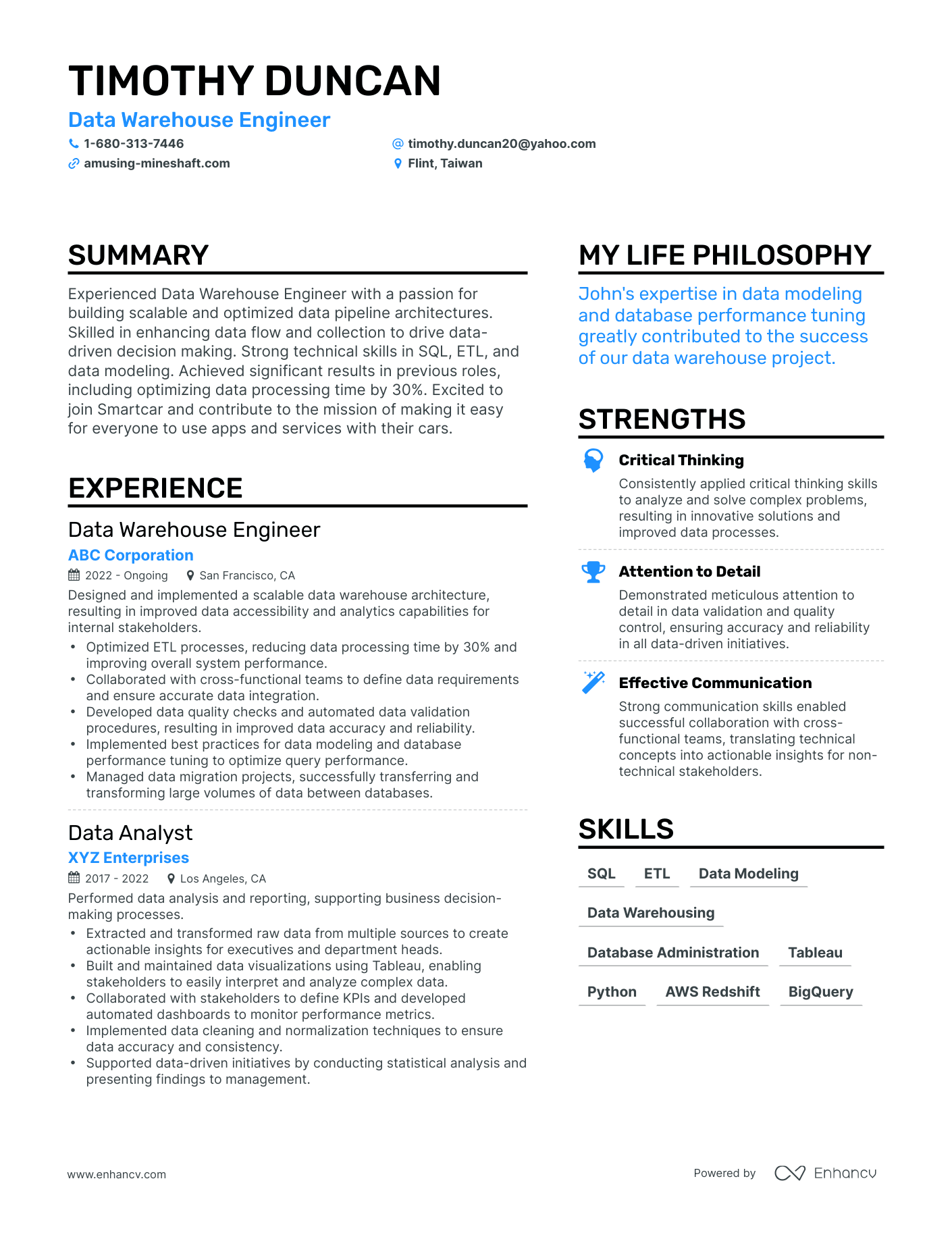 Modern Data Warehouse Engineer Resume Example