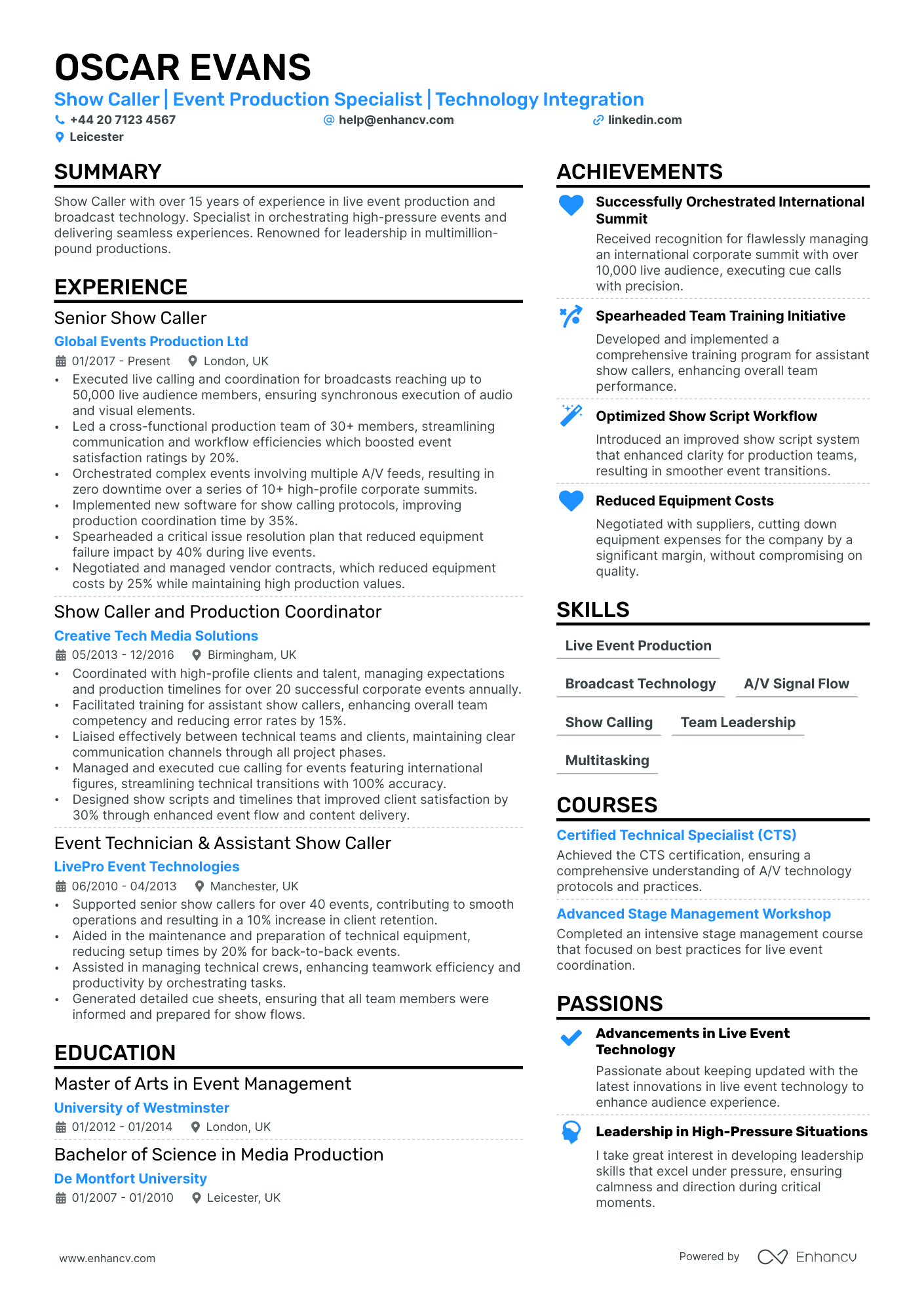 Stage Manager cv example