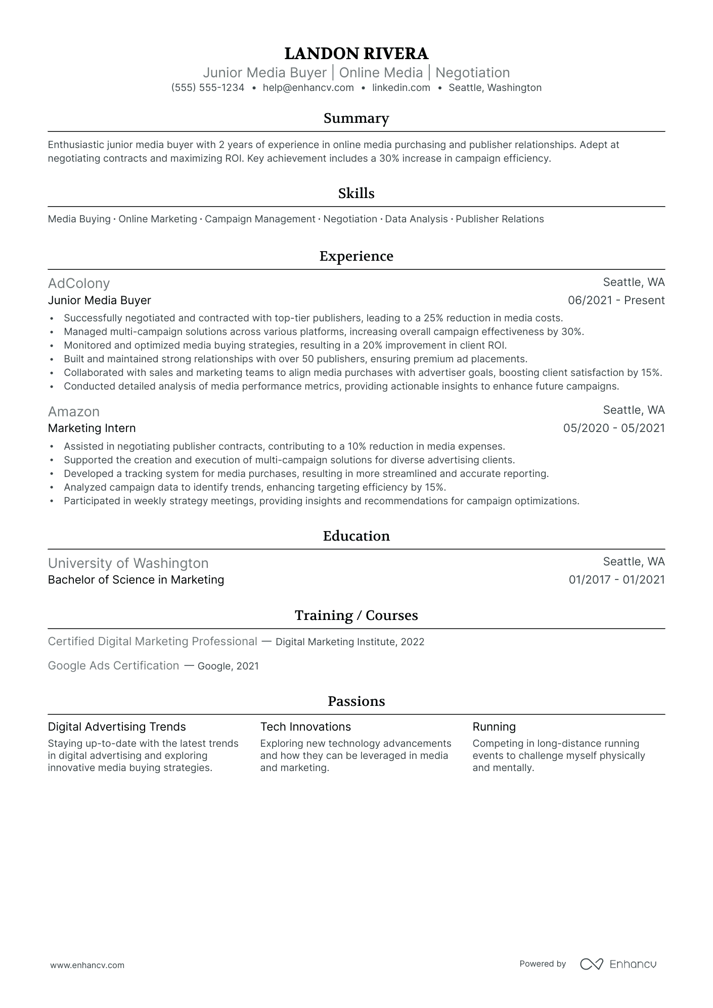 Media Buyer Manager resume example