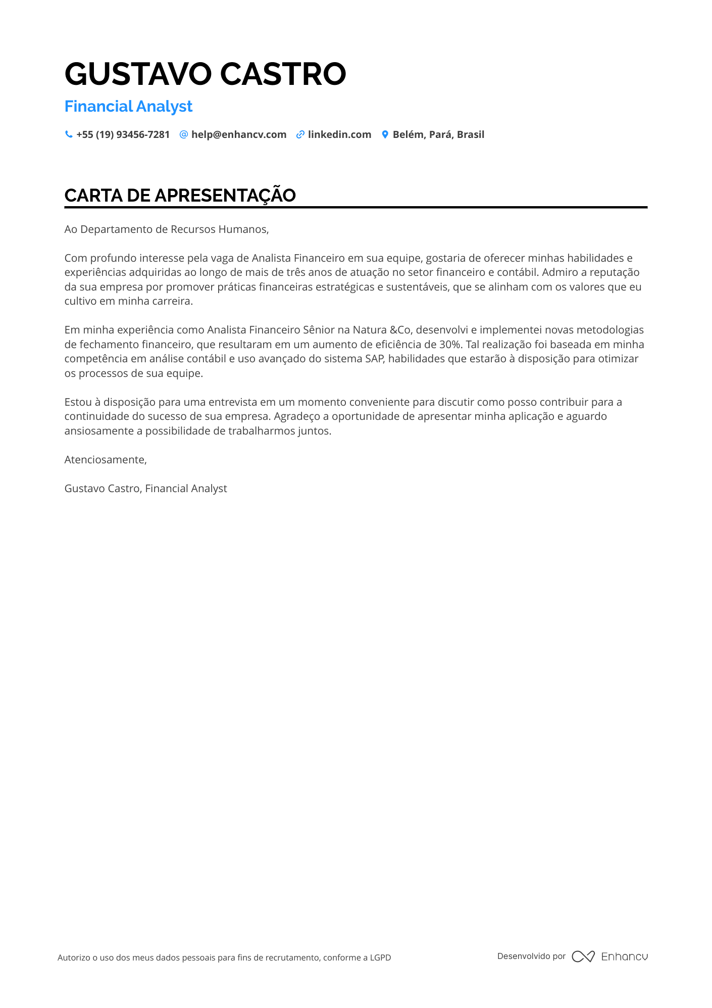 Analista Contábil Carta de apresentação
