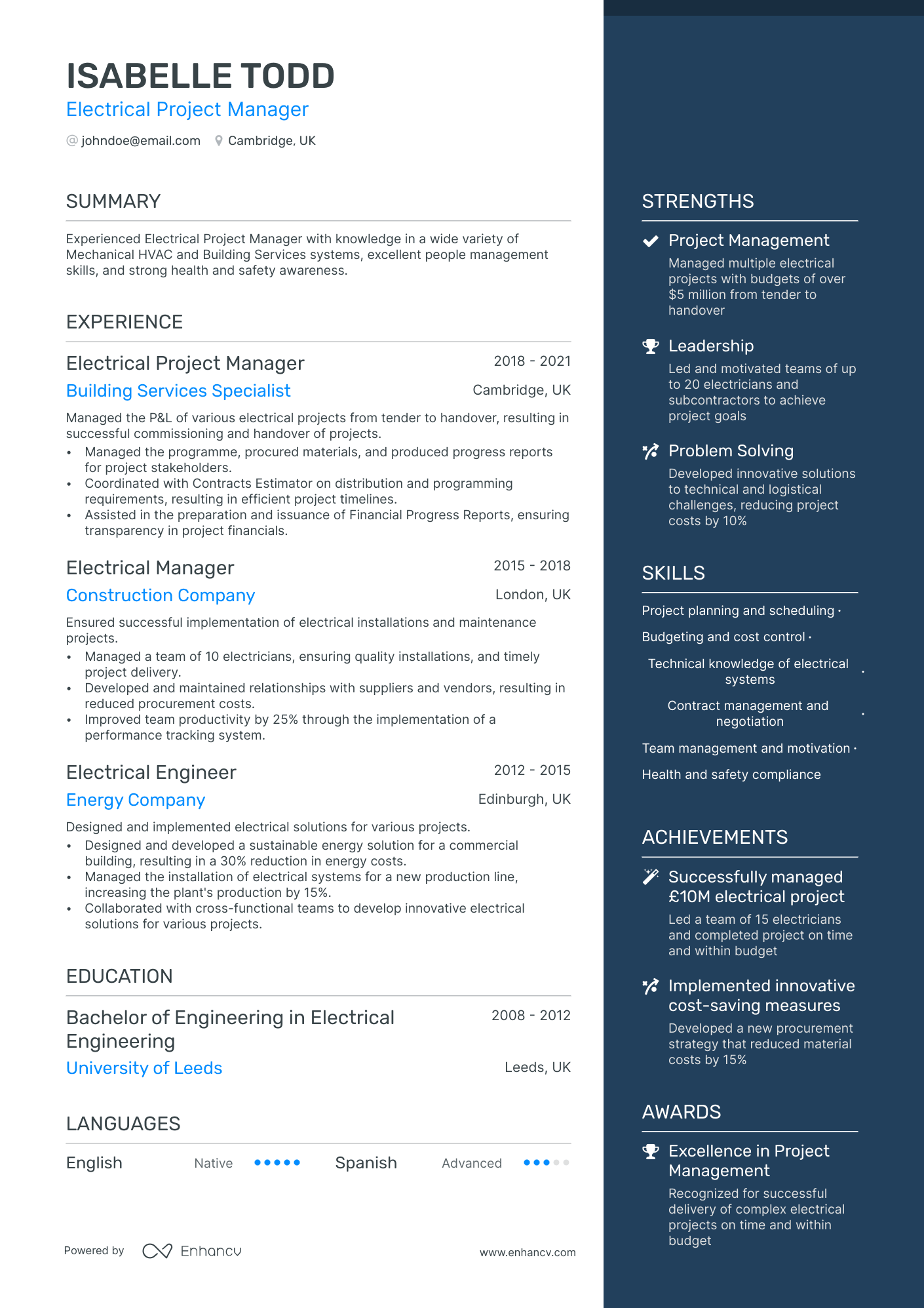 Electrical Manager resume example