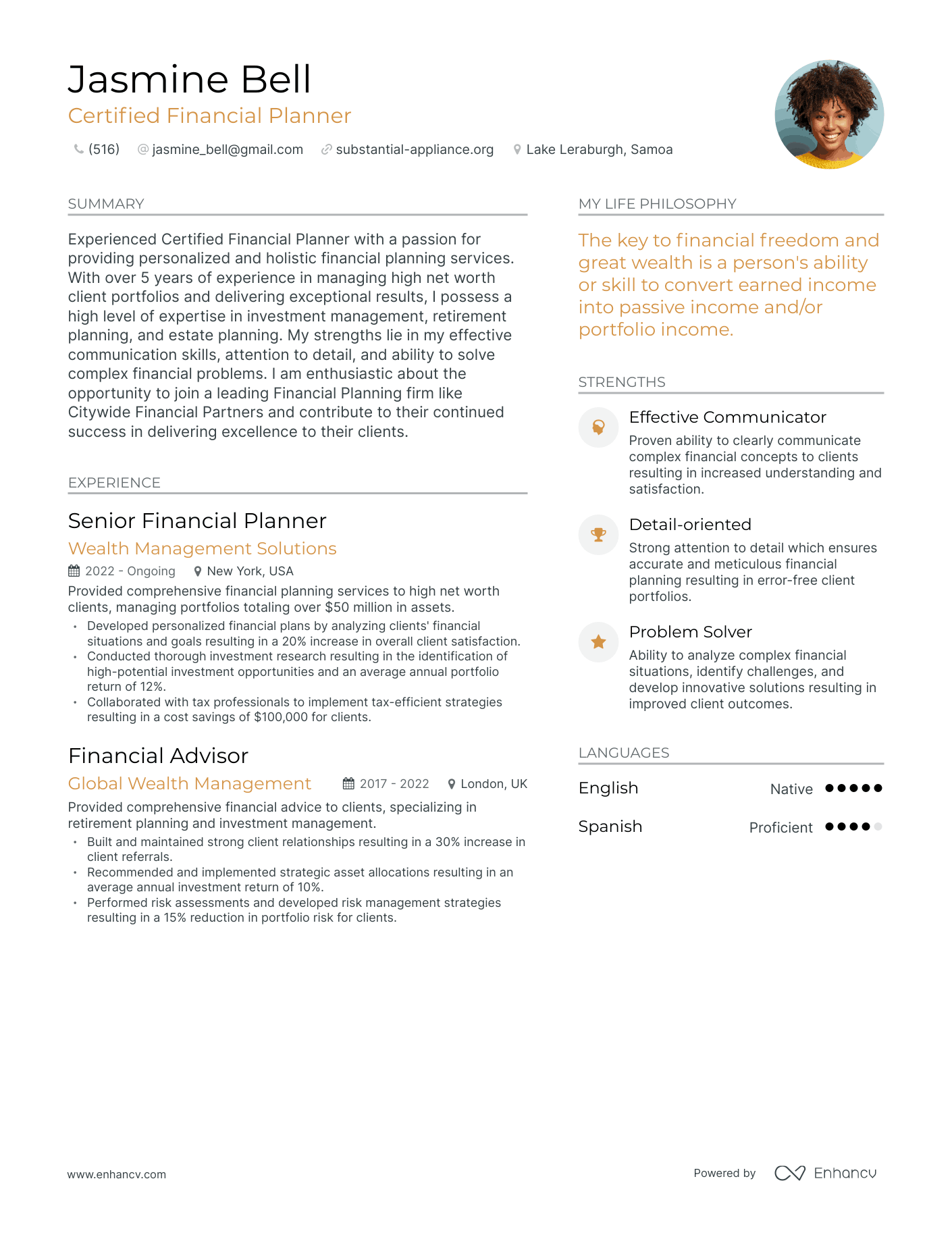 Modern Certified Financial Planner Resume Example