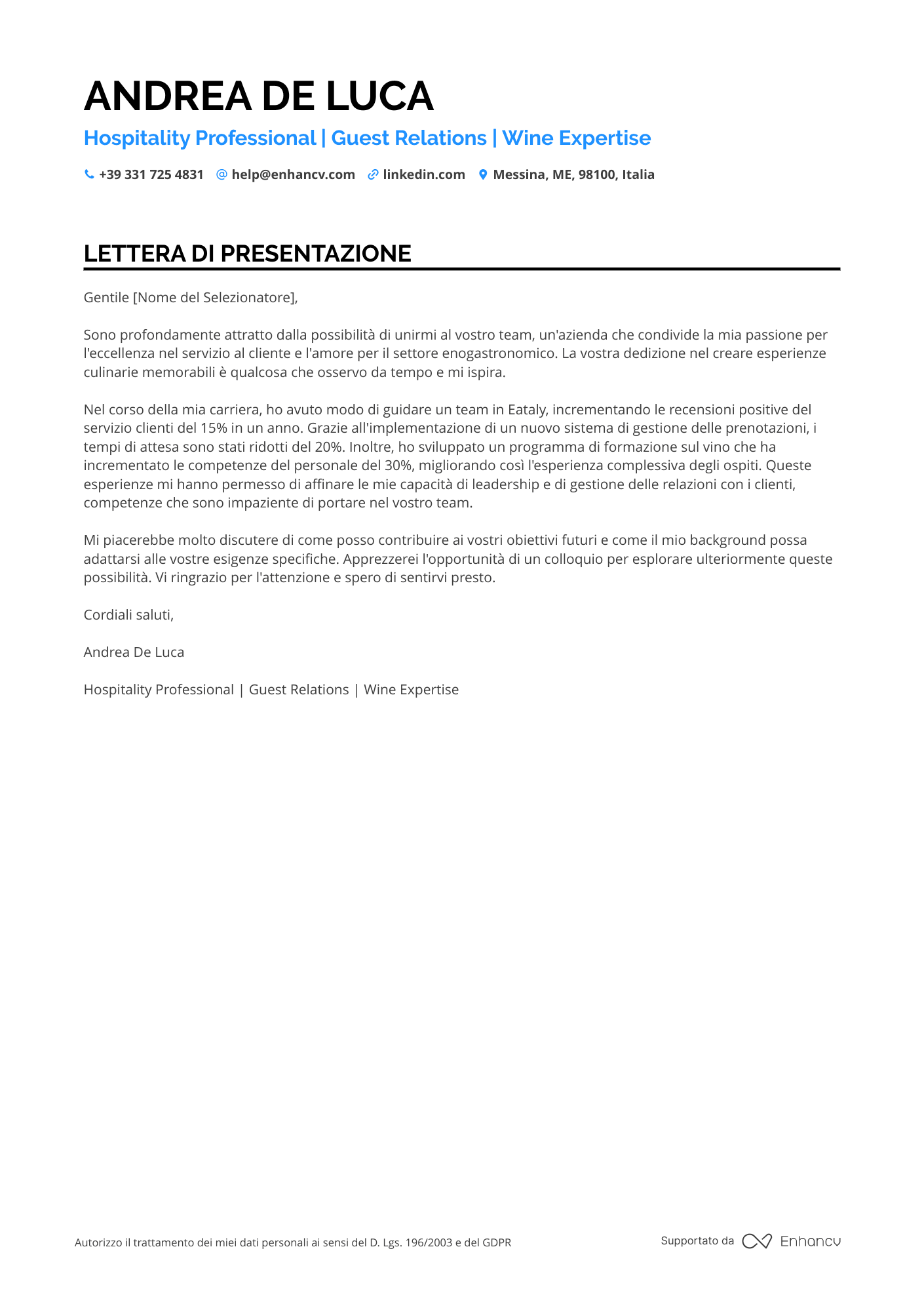 Cameriere Lettera di presentazione