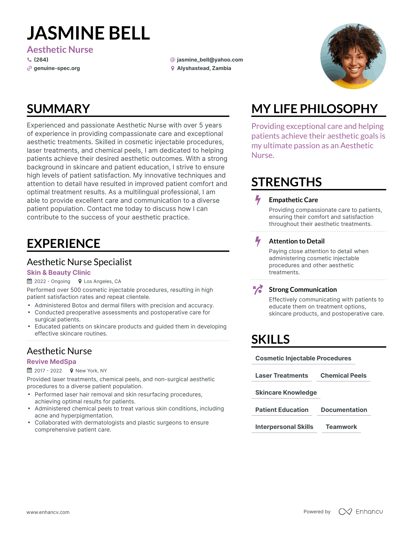 Aesthetic Nurse resume example