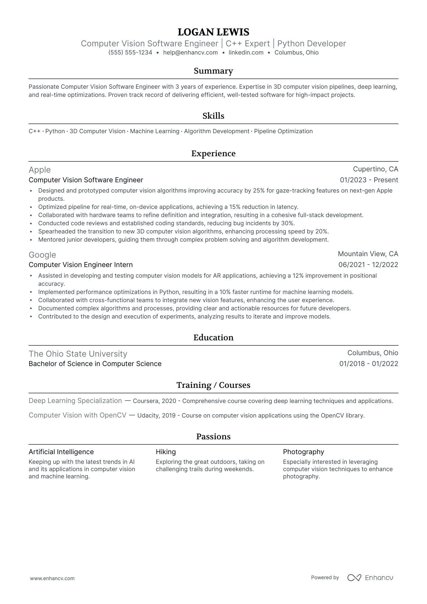 Computer Vision Software Engineer resume example