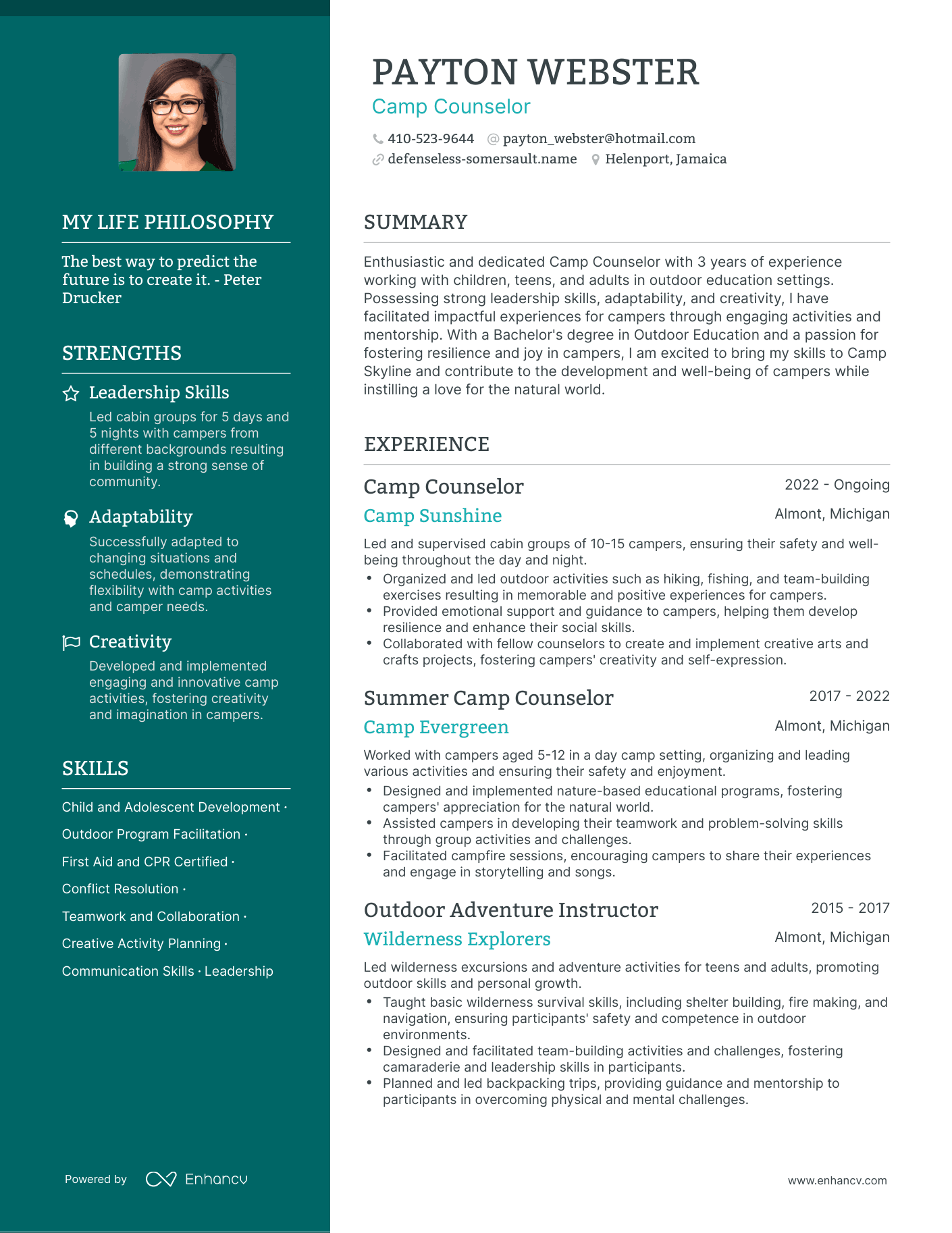 Creative Camp Counselor Resume Example