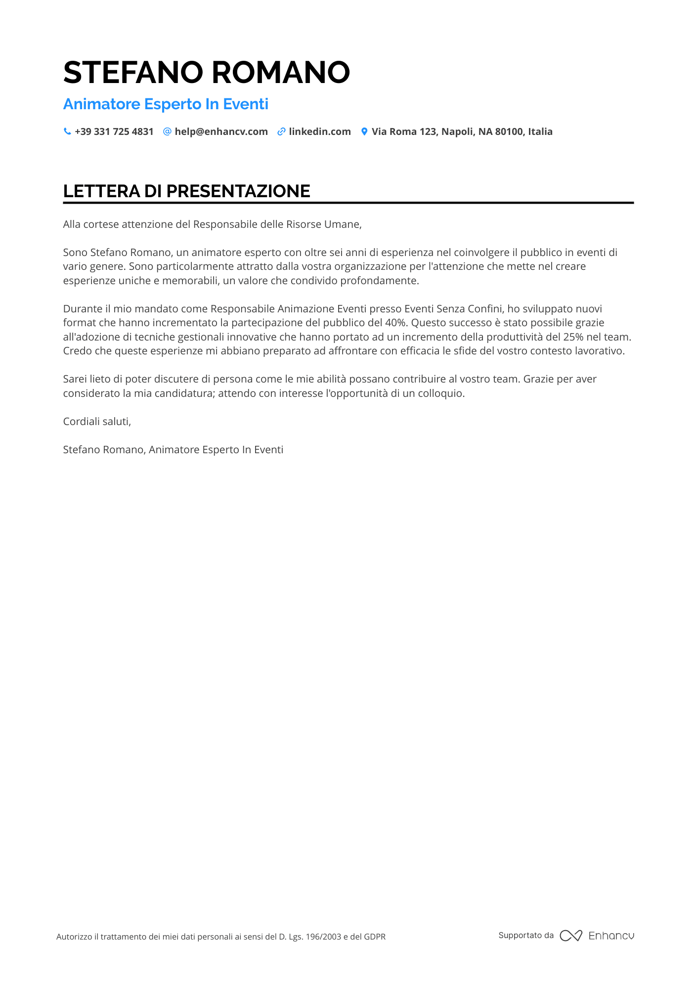 Animatore Lettera di presentazione