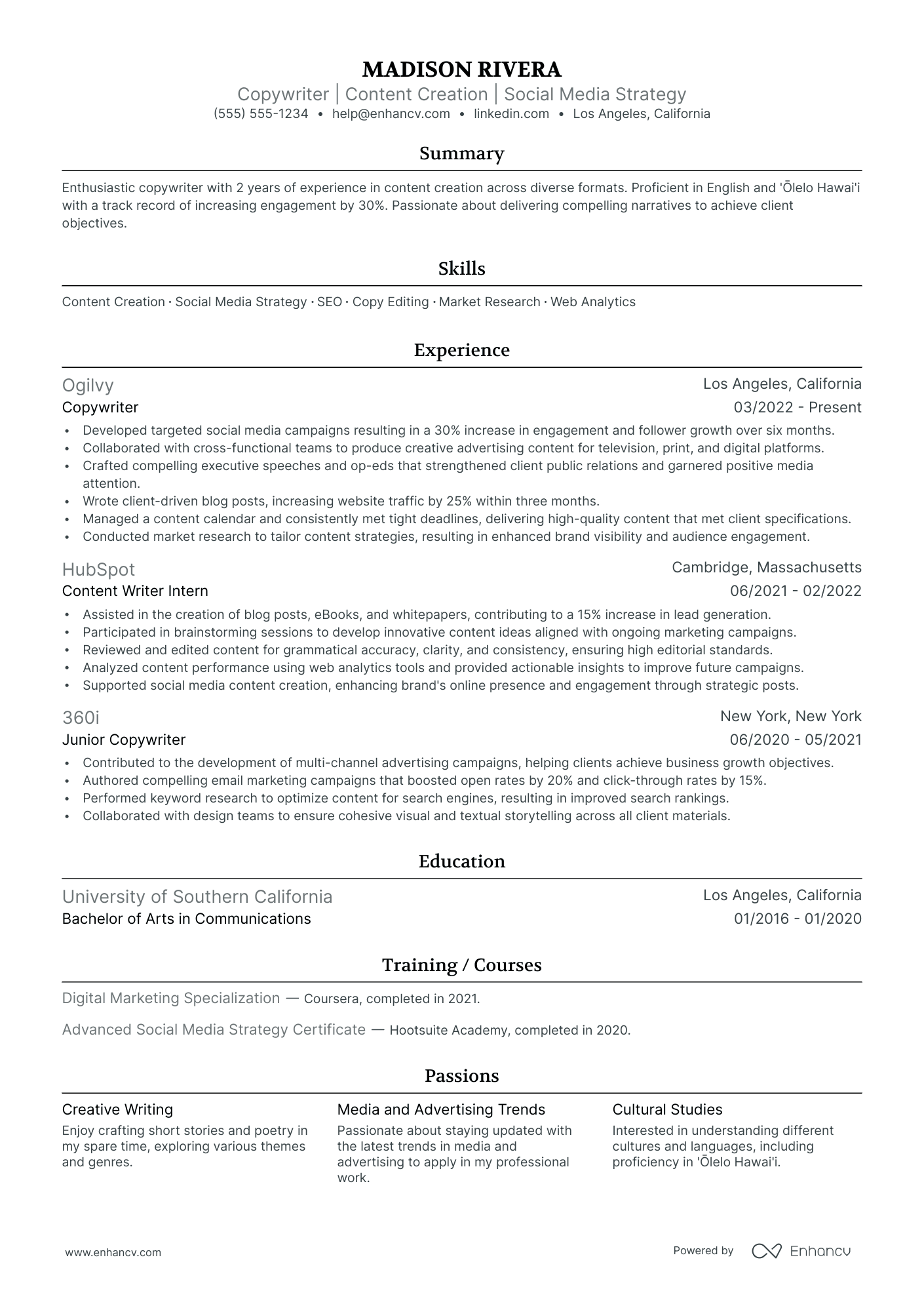 Freelance Copywriter resume example