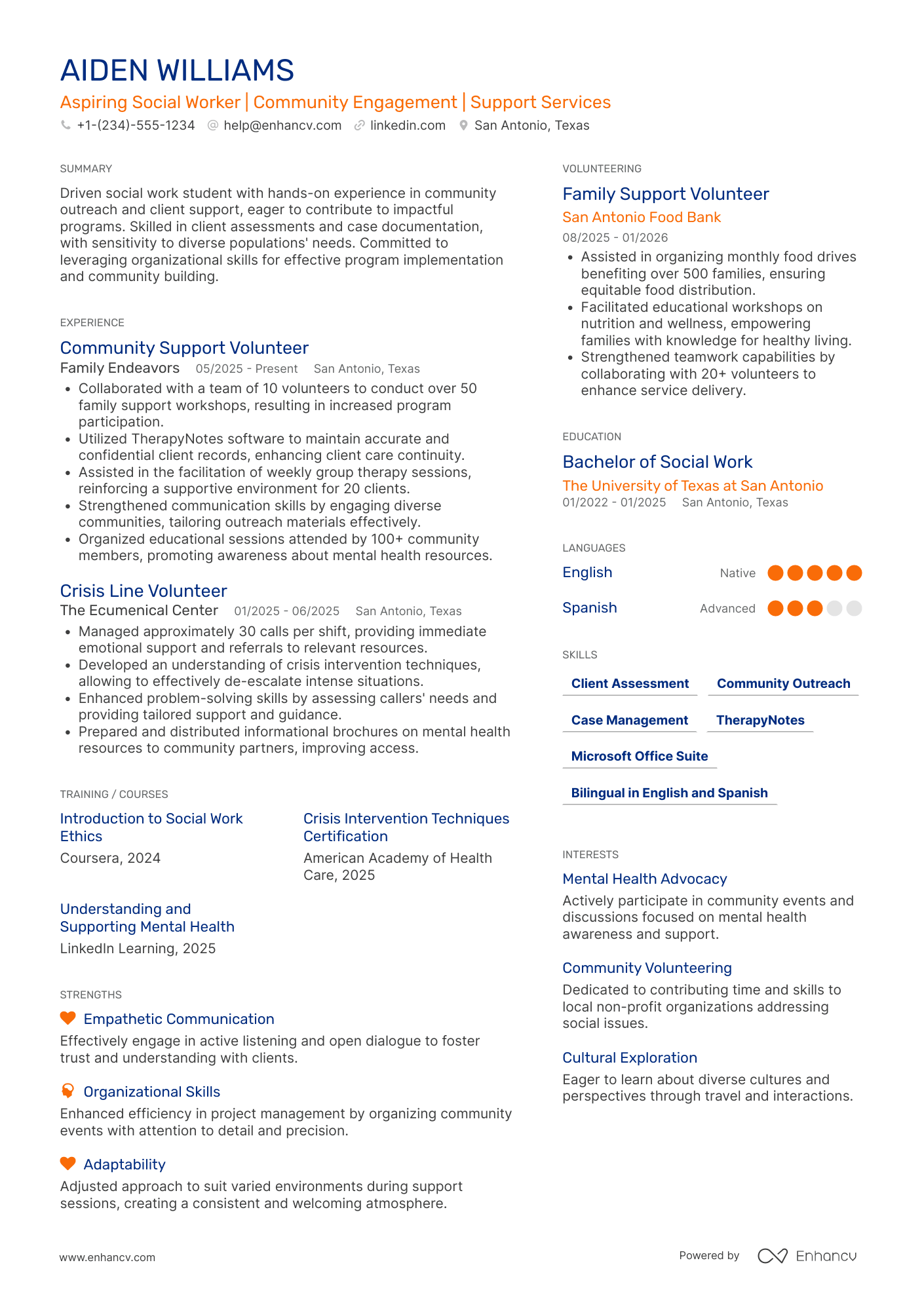 Social Work Intern resume example