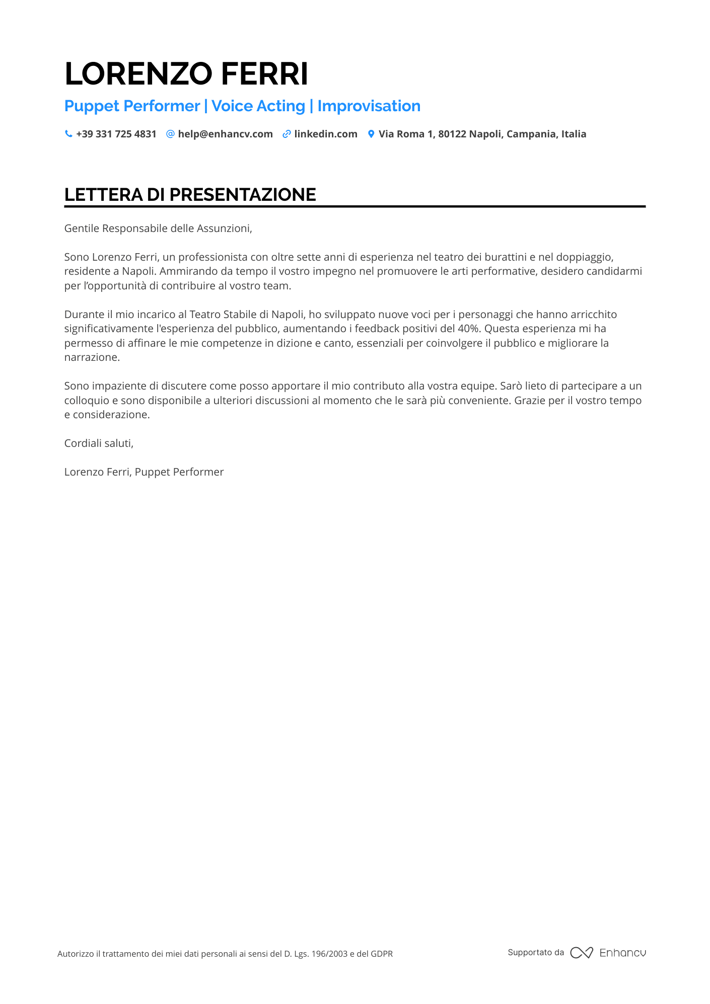 Attore Lettera di presentazione