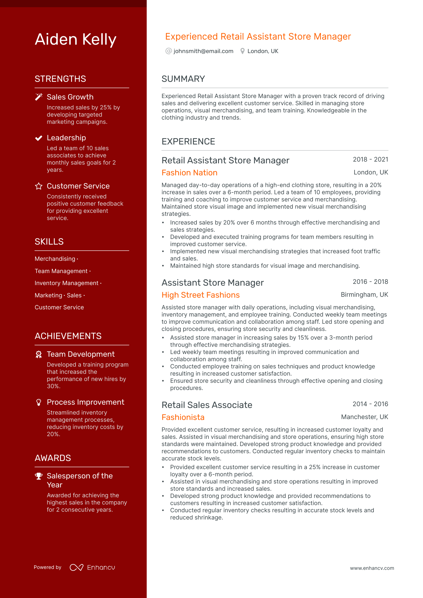 Retail Assistant Store Manager resume example