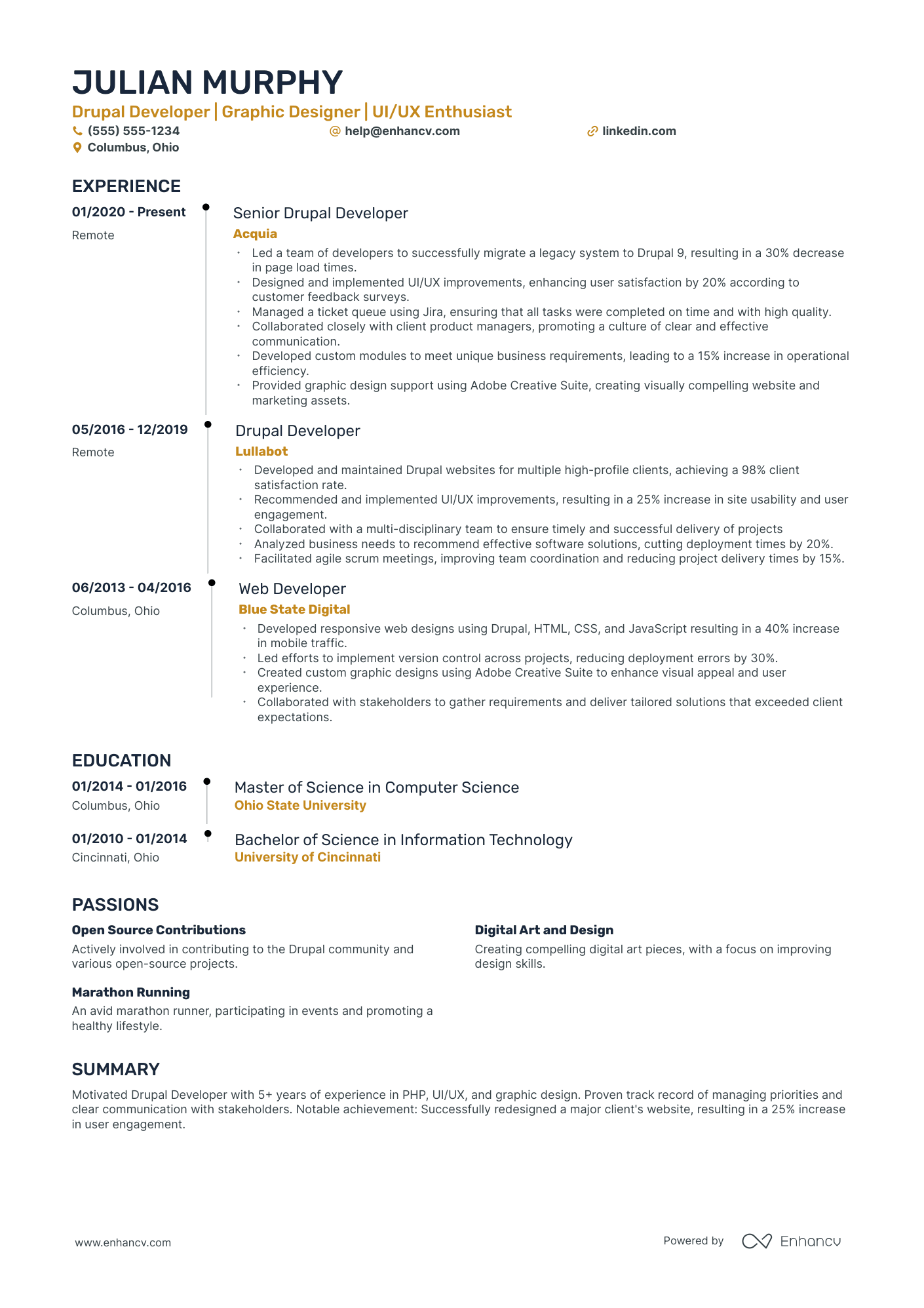 Junior Drupal Developer resume example