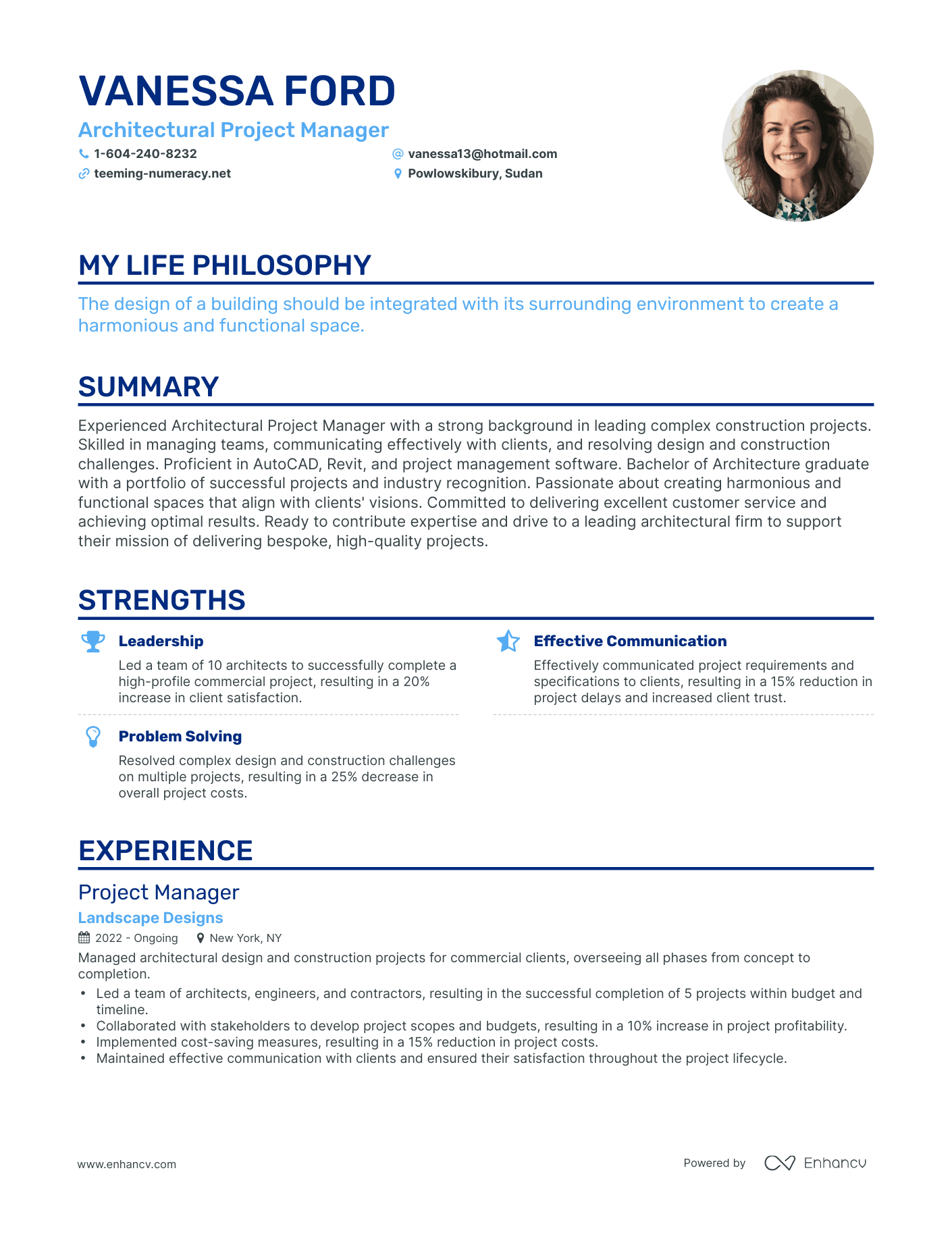Creative Architectural Project Manager Resume Example