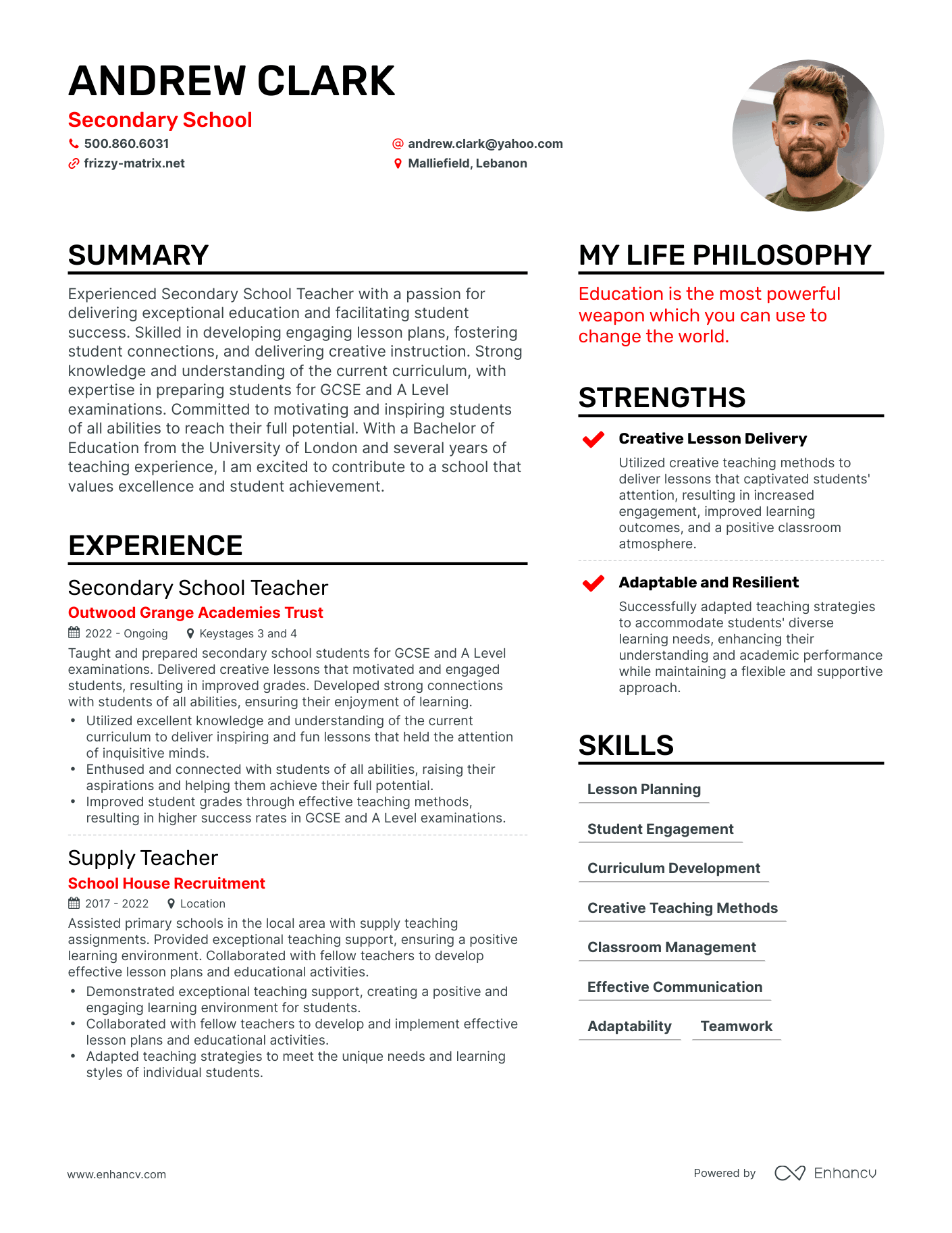 Secondary School resume example