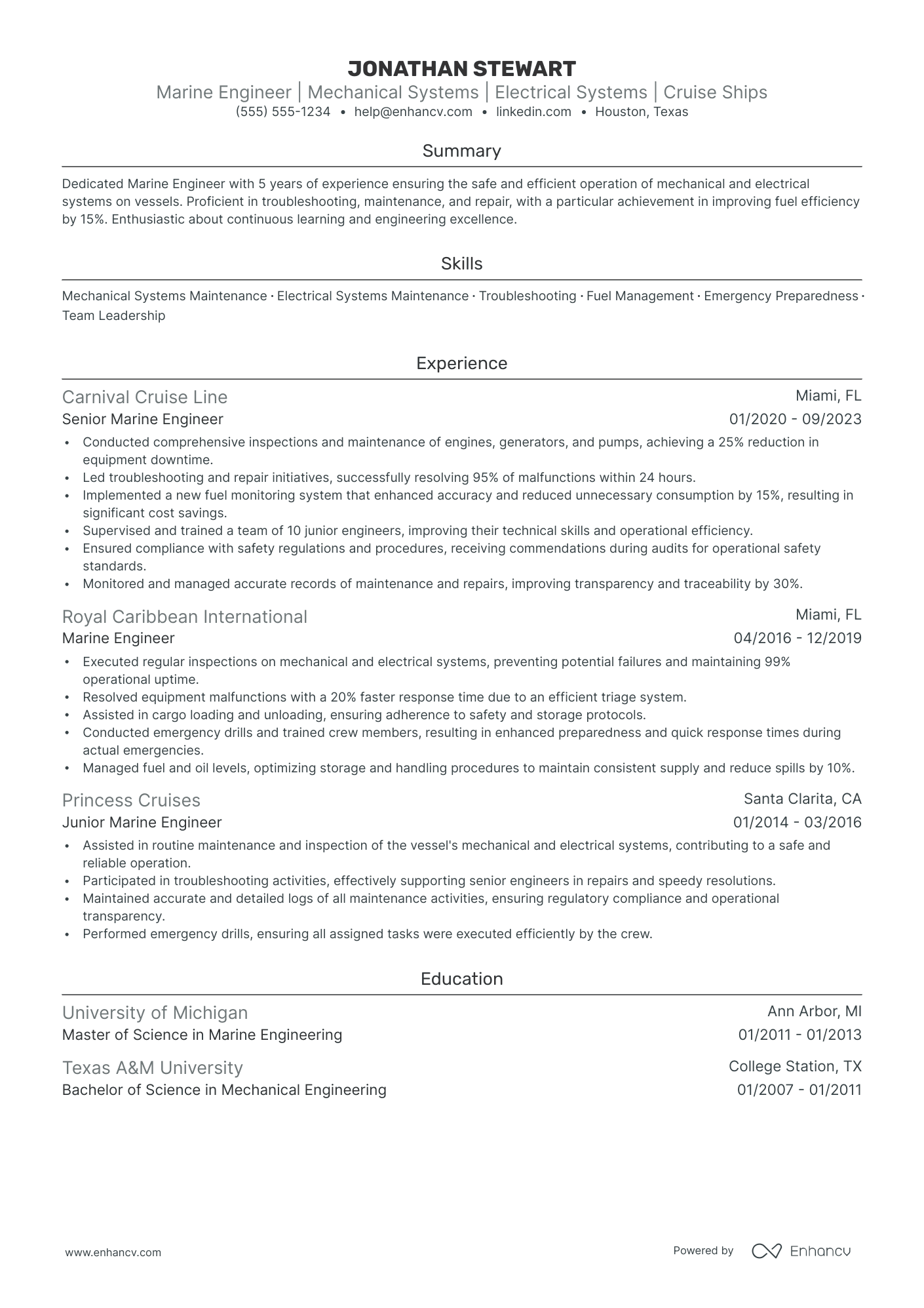 Junior Marine Engineer resume example