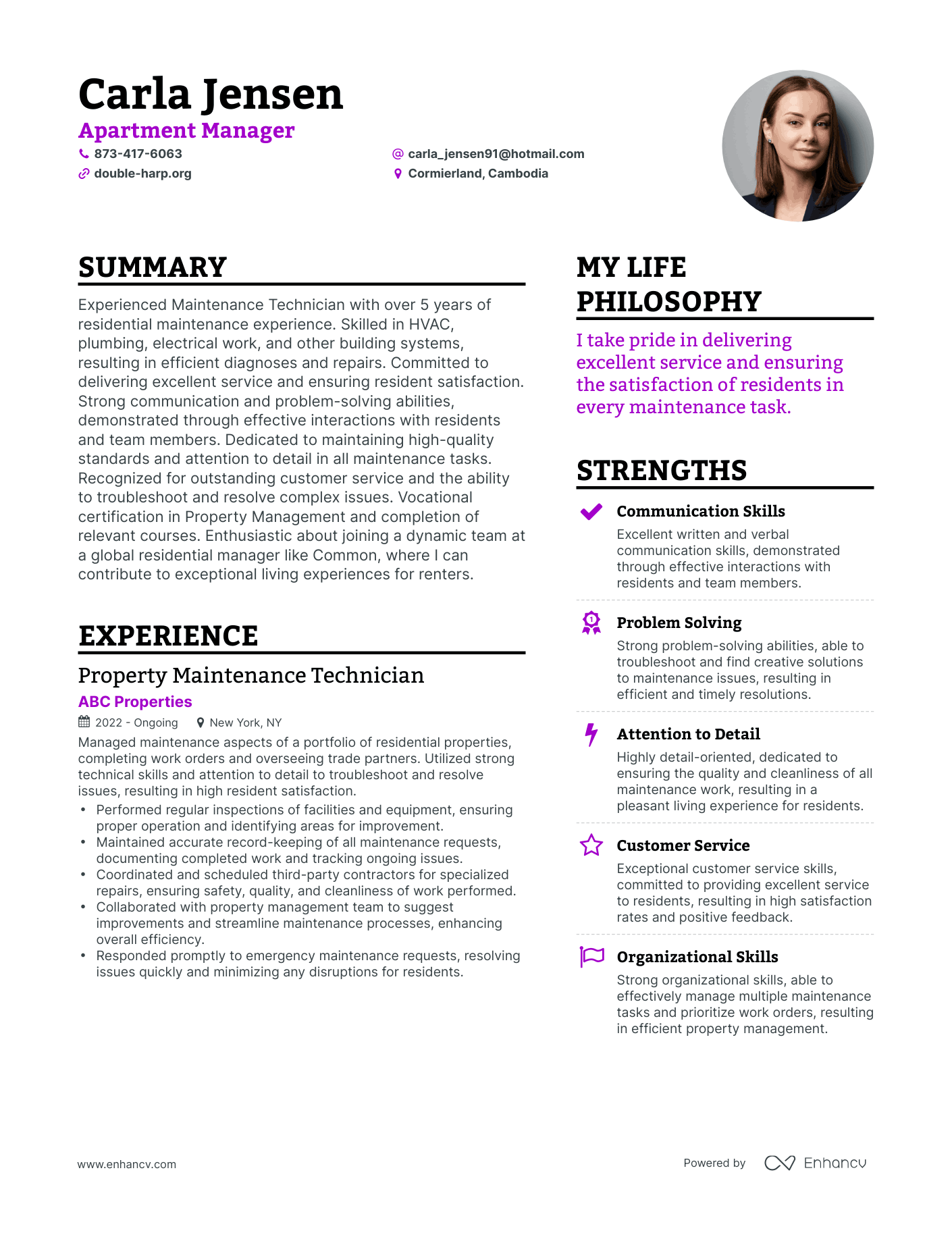 Modern Apartment Manager Resume Example