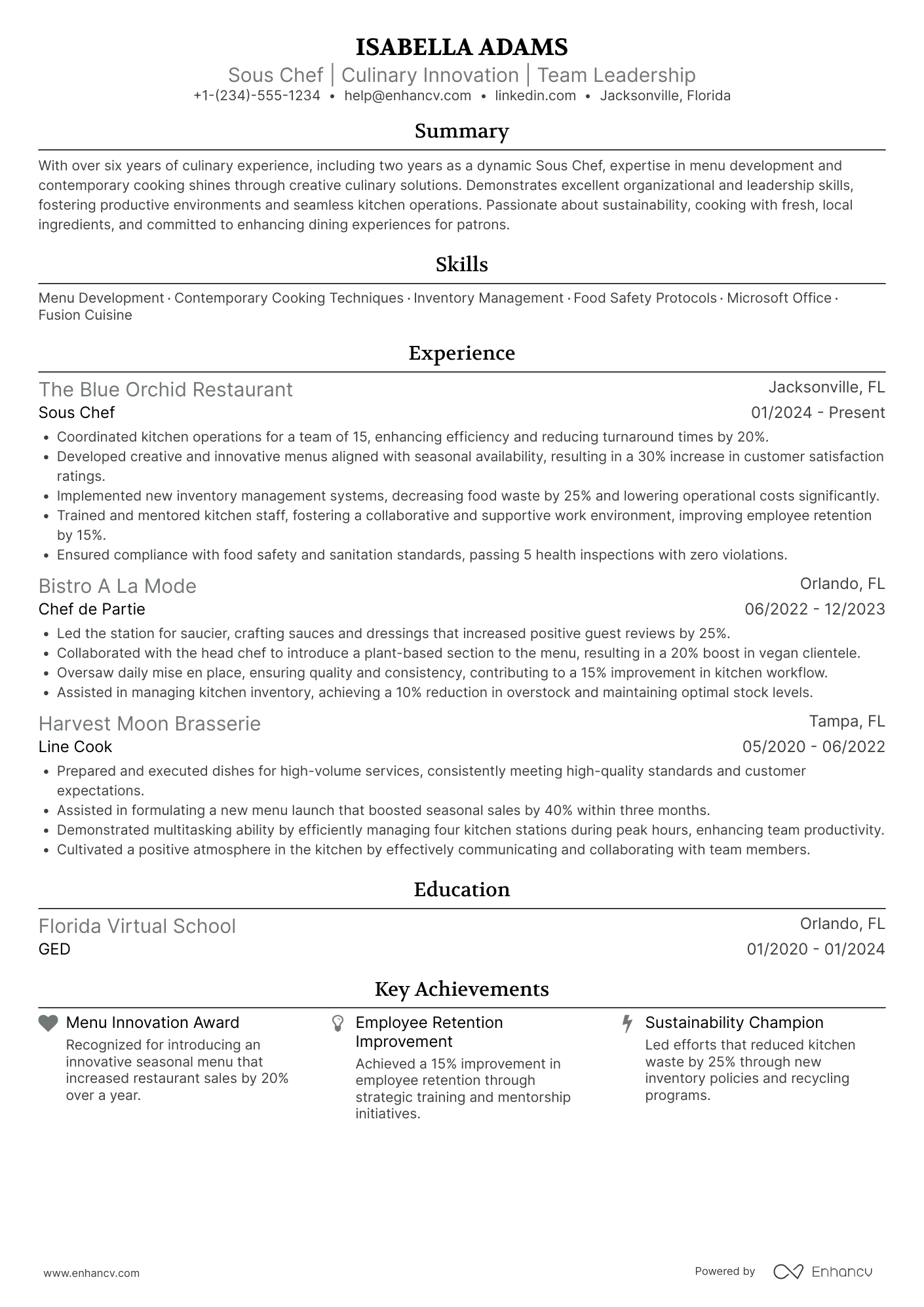 Culinary resume example