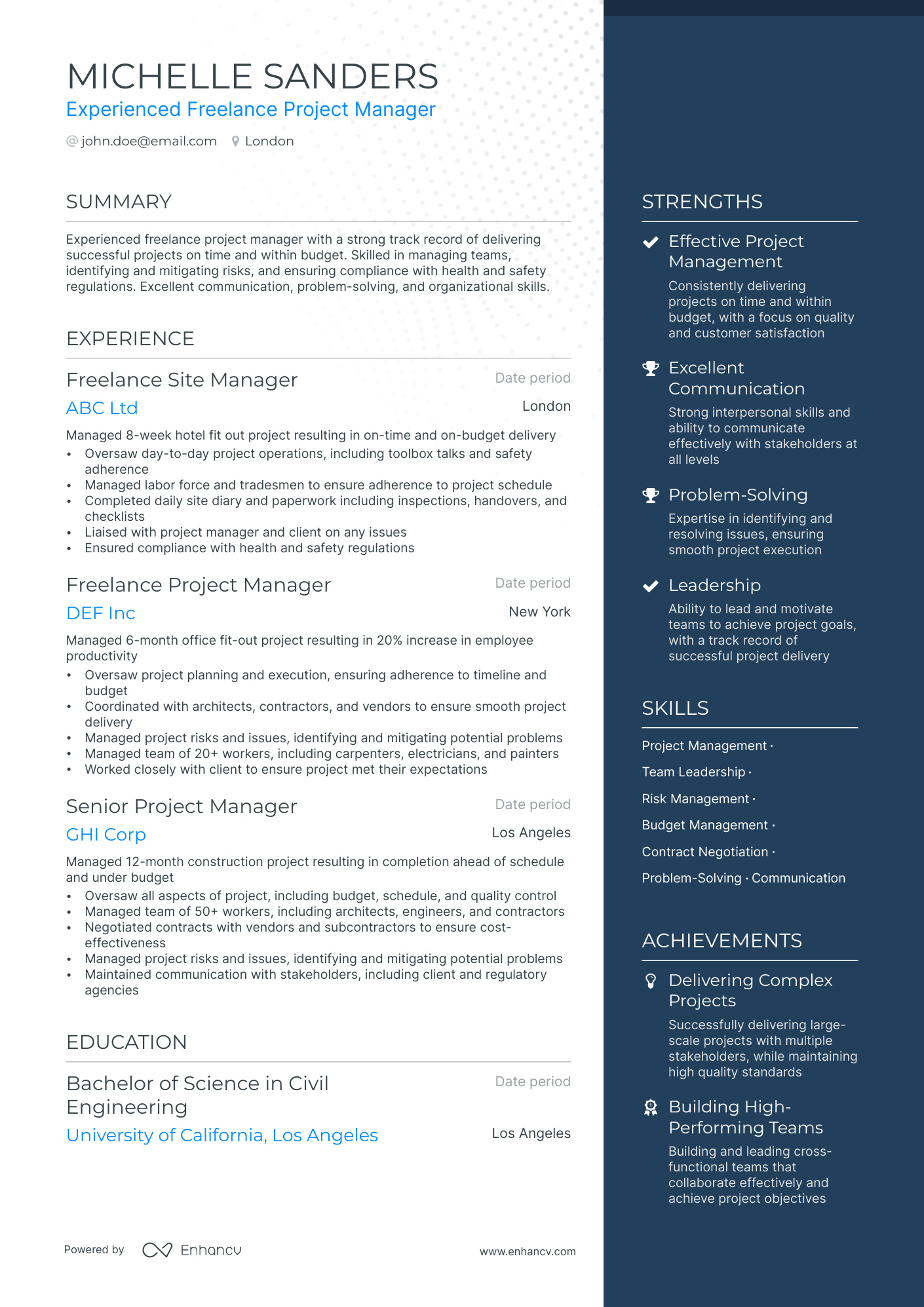 Freelance Project Manager resume example