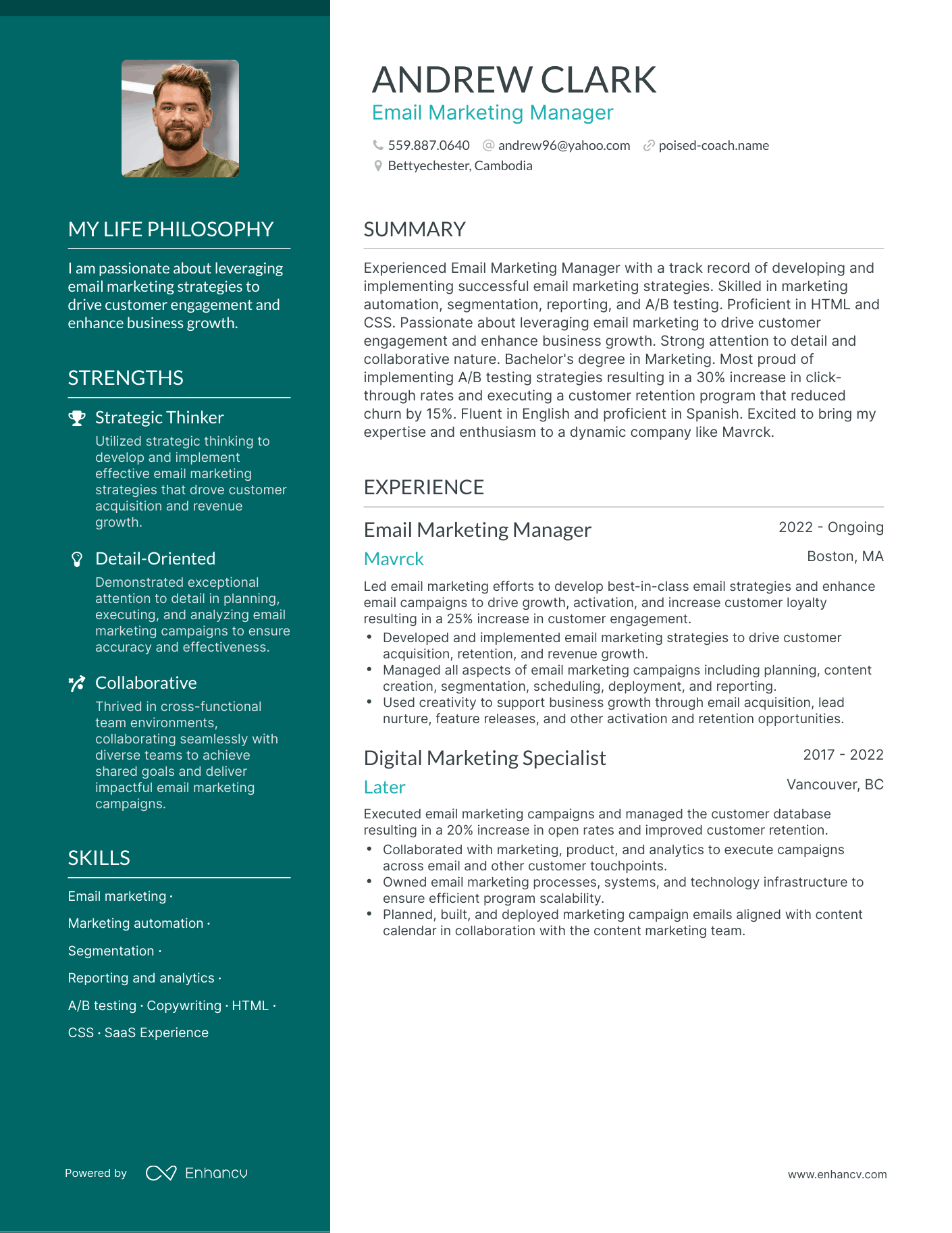 Creative Email Marketing Manager Resume Example