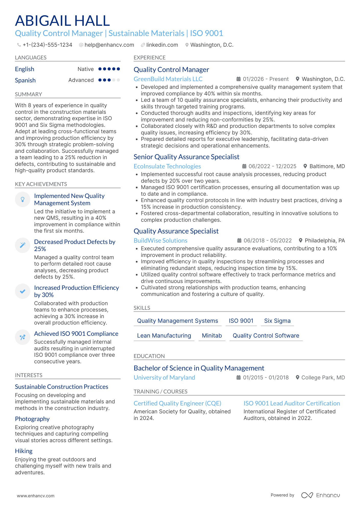 Quality Control Manager resume example