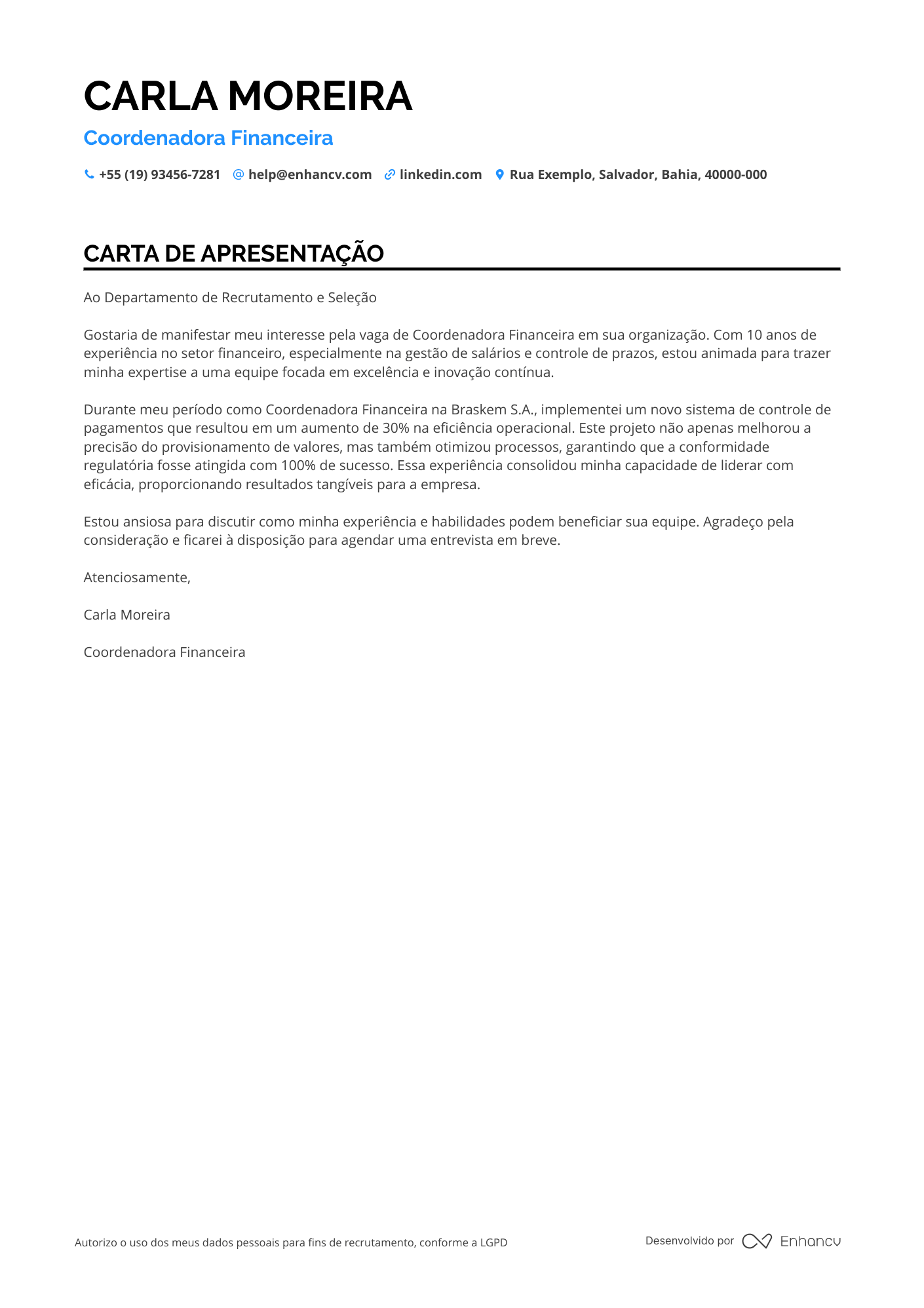 Contas a pagar Carta de apresentação