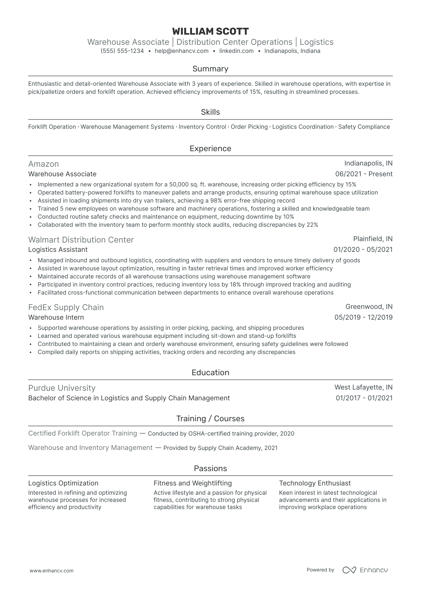 Senior Warehouse Associate resume example