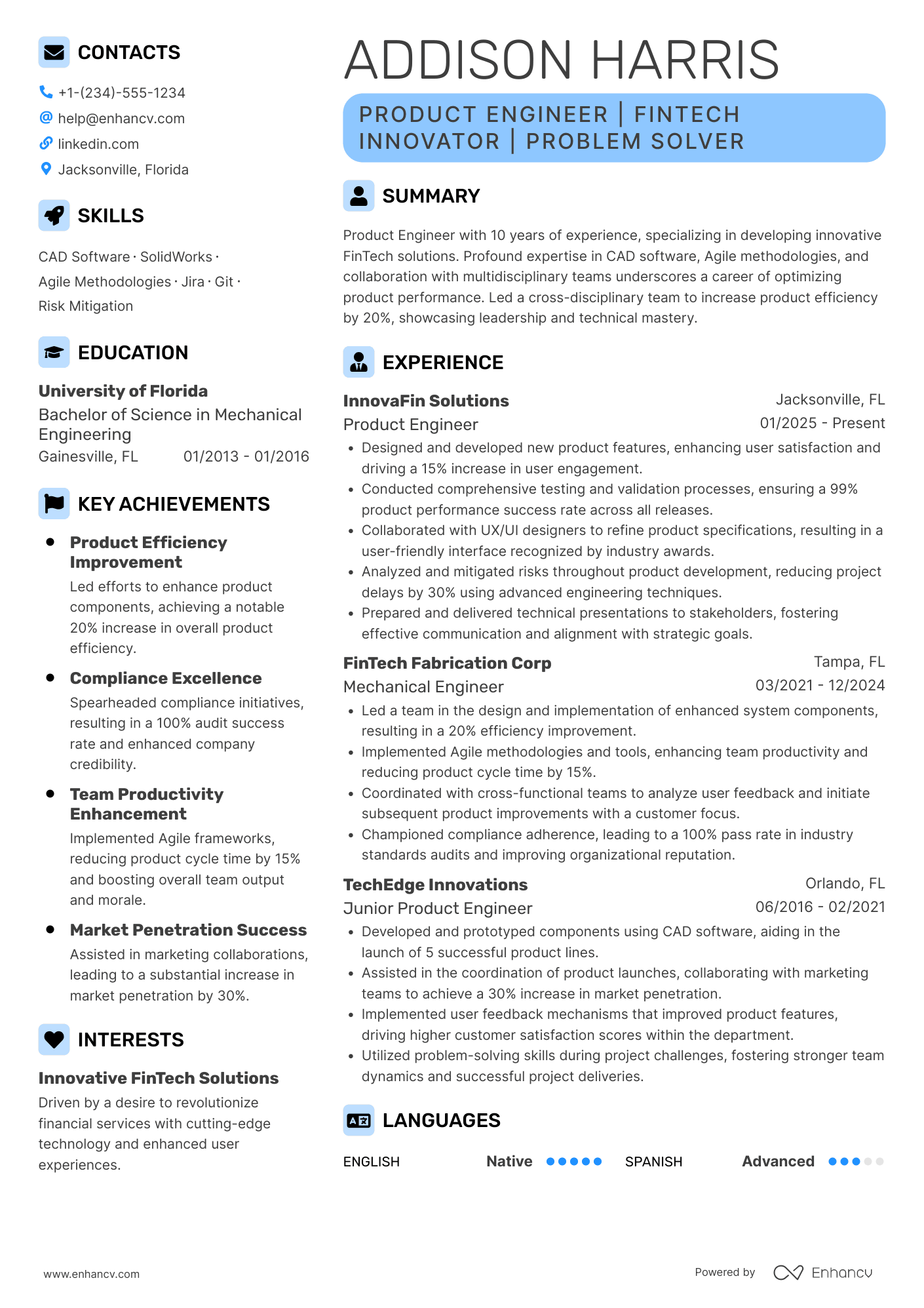 Product Engineer resume example