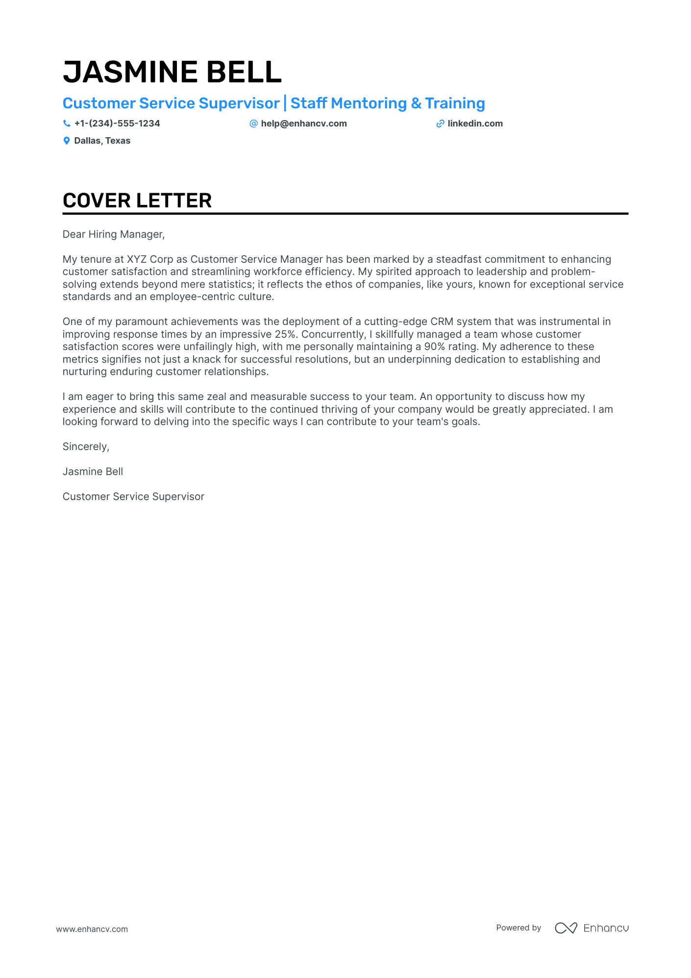 Customer Service Supervisor cover letter