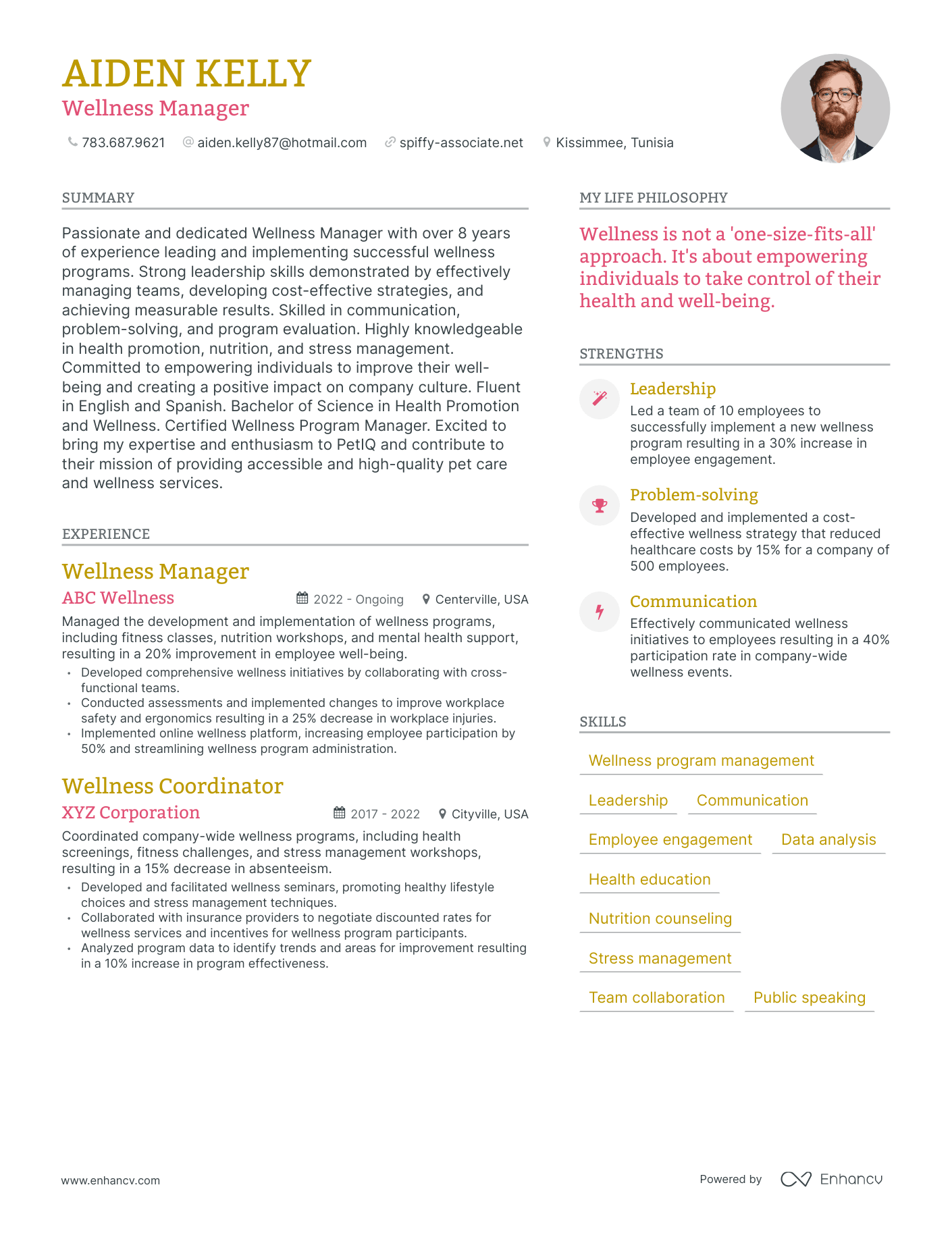 Modern Wellness Manager Resume Example