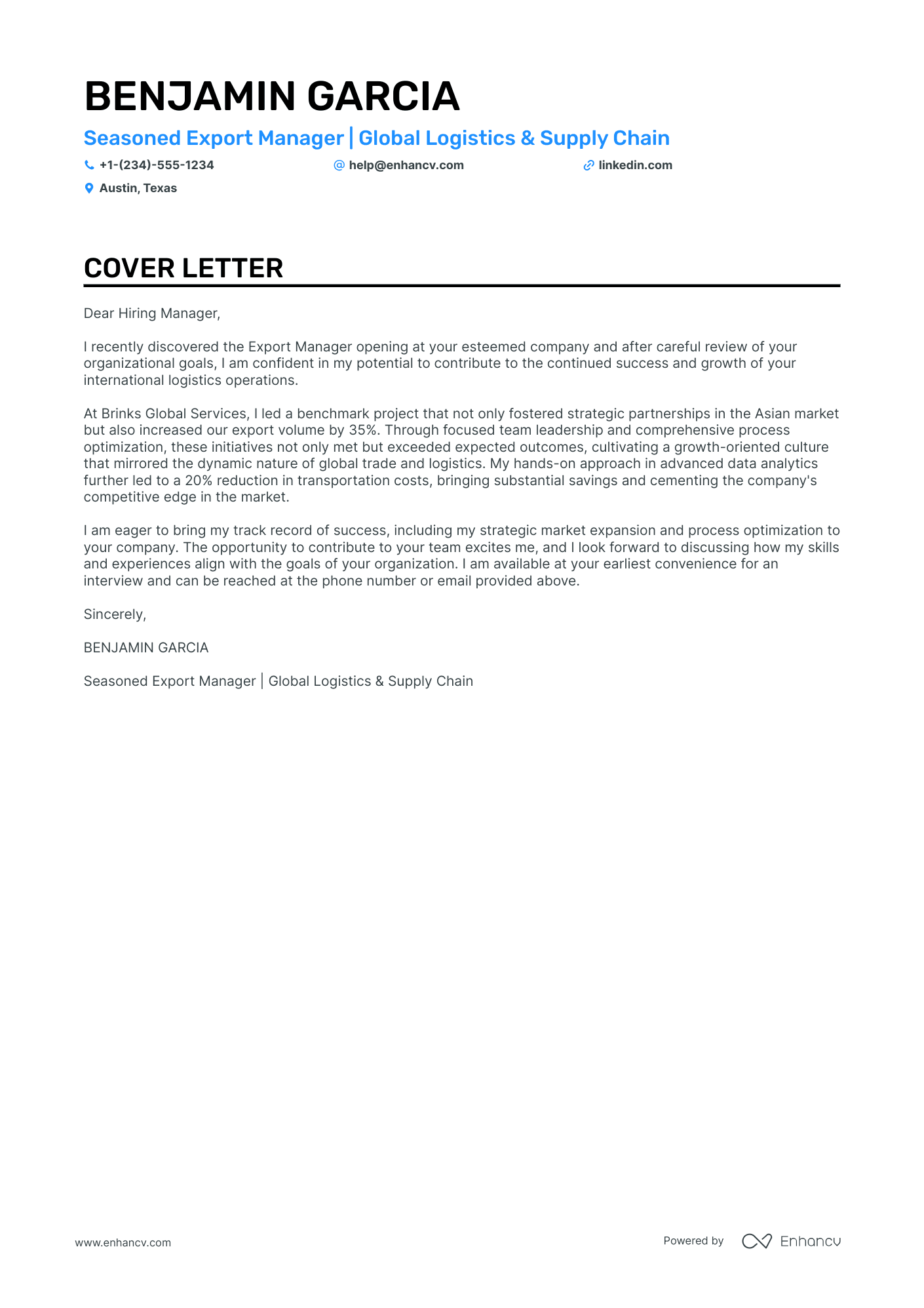 Export Manager cover letter