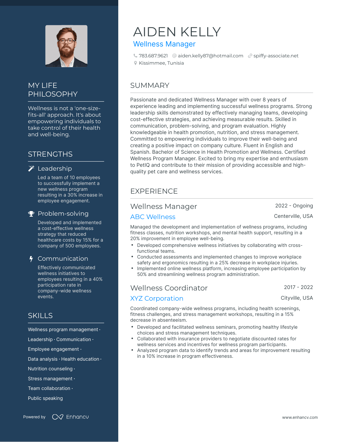 Wellness Manager resume example
