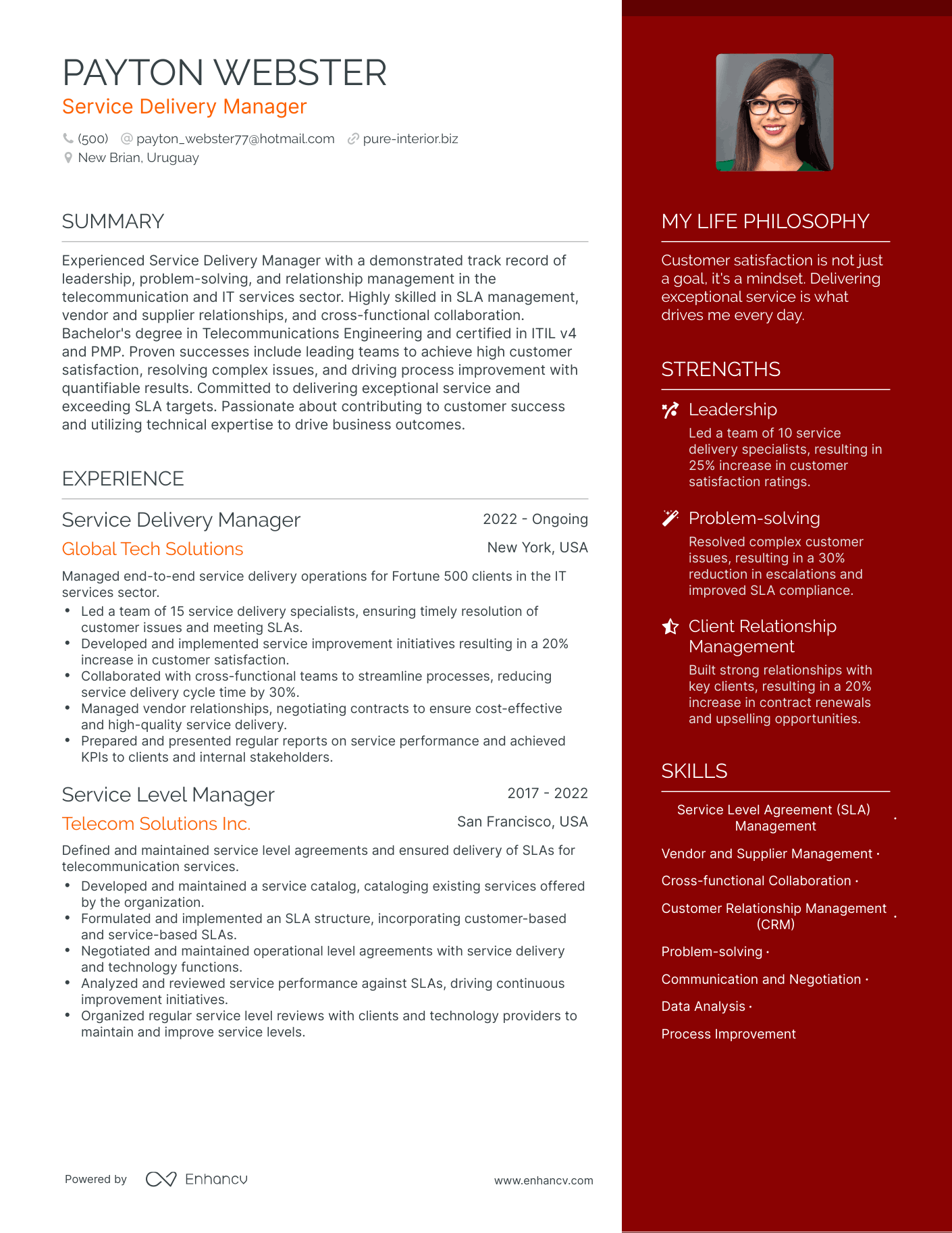 Modern Service Delivery Manager Resume Example