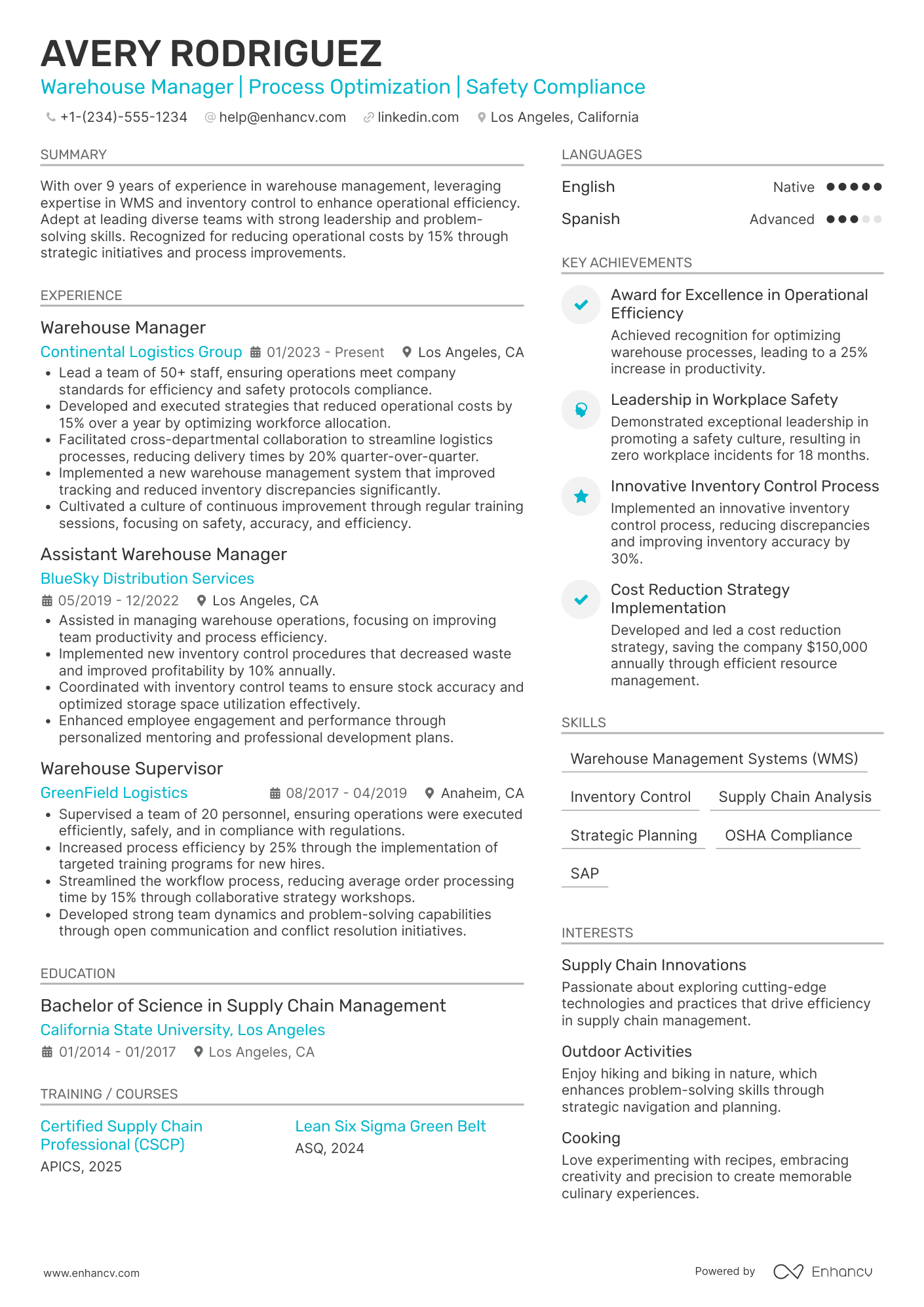 Warehouse Manager resume example