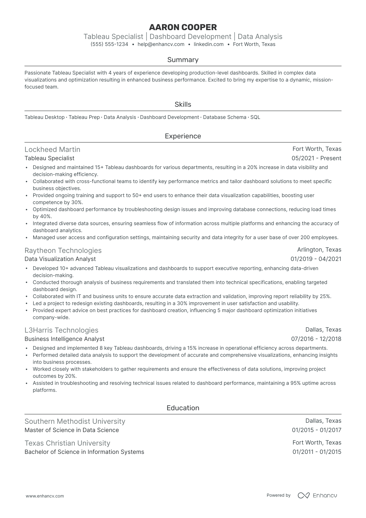 Junior Tableau Analyst resume example