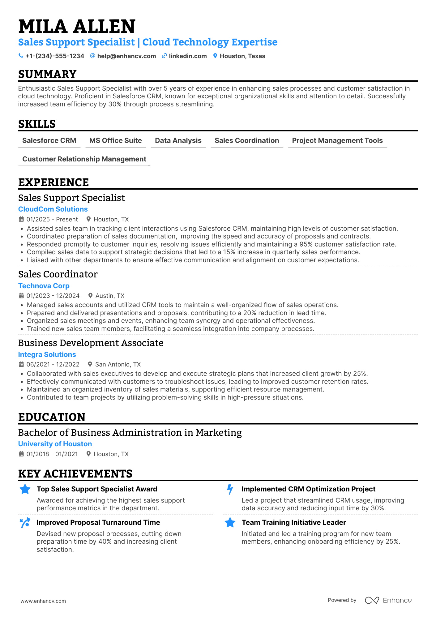 Sales Support Coordinator resume example