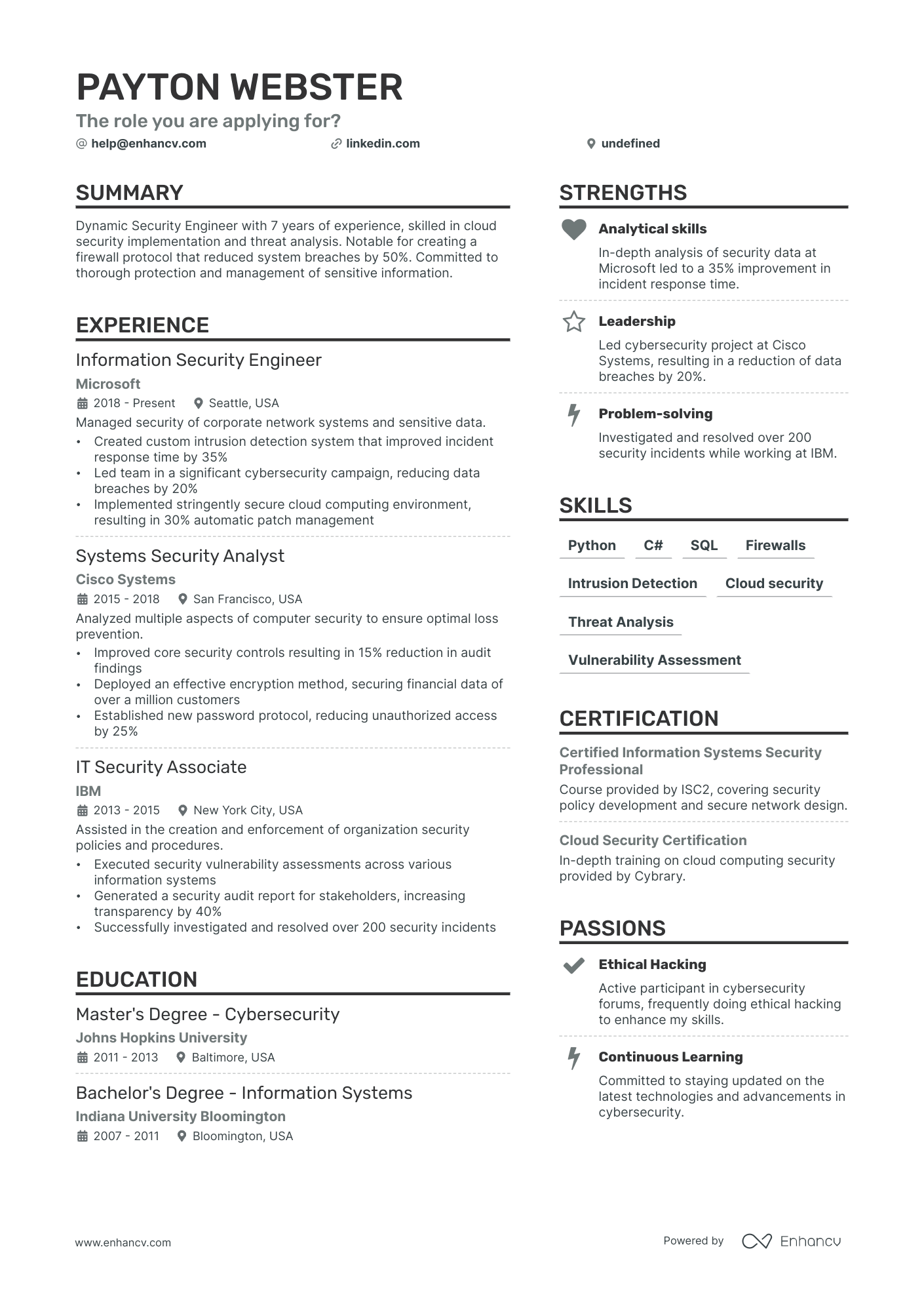 Information Security Engineer resume example