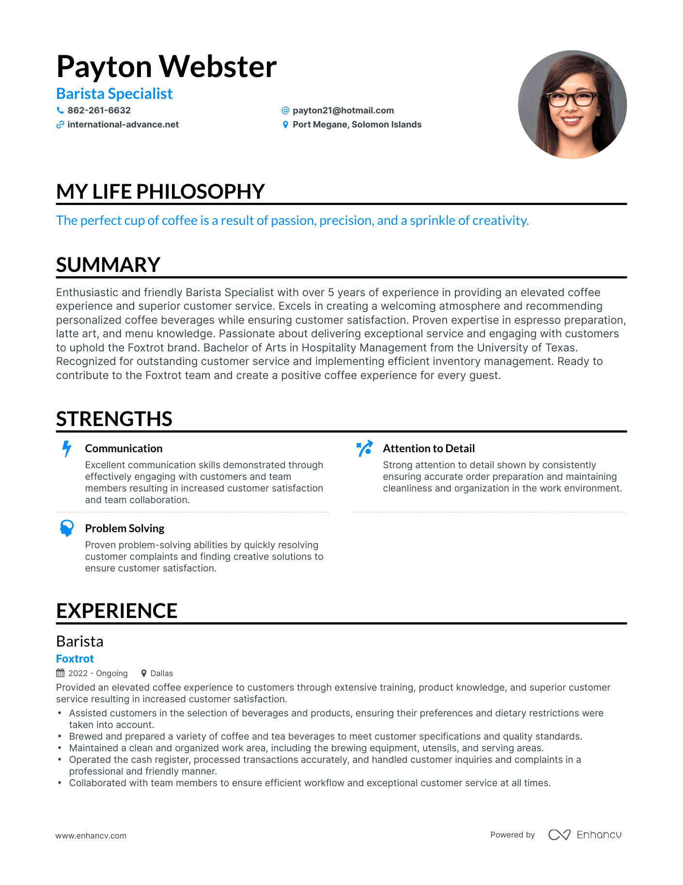 Creative Barista Specialist Resume Example