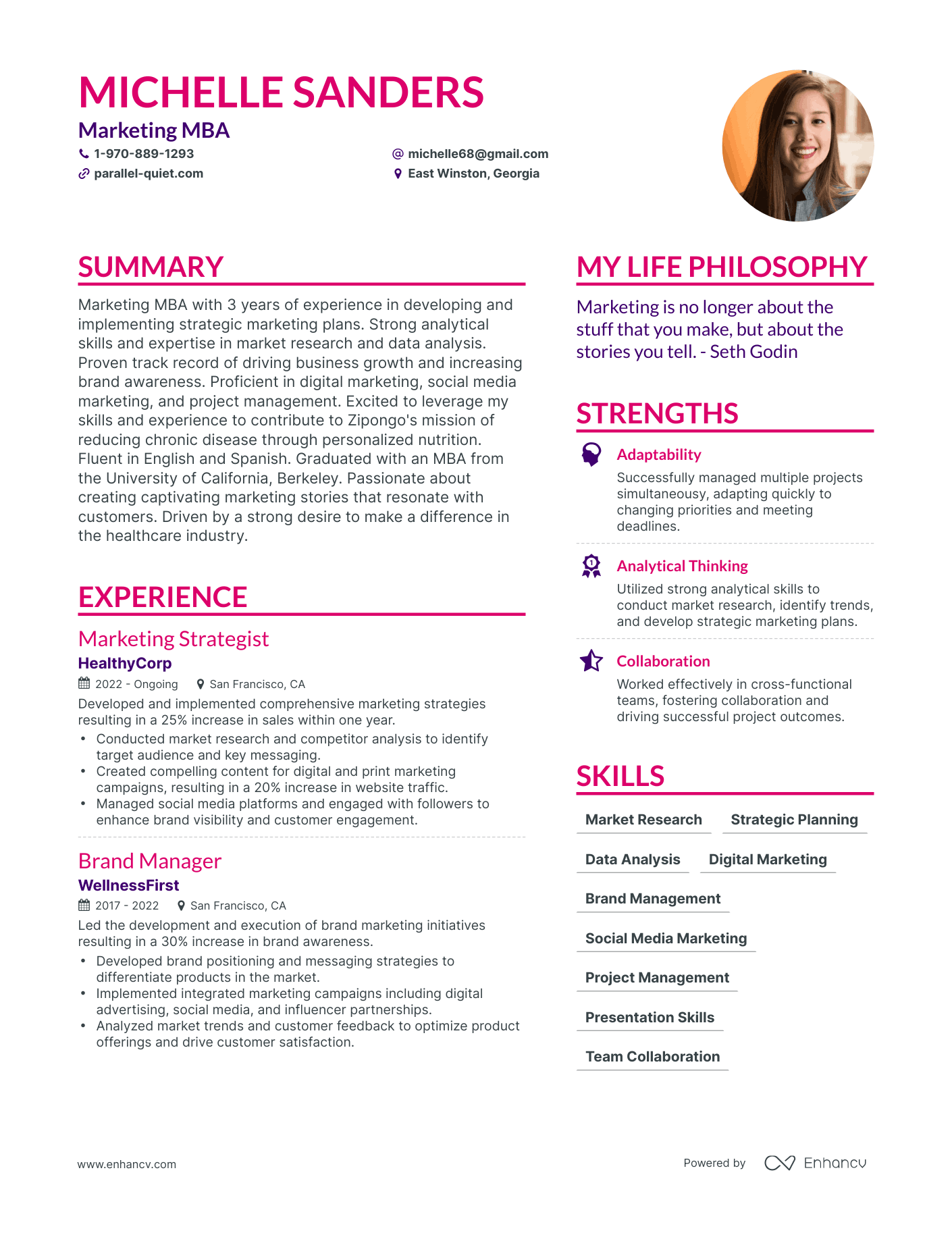 Marketing MBA resume example
