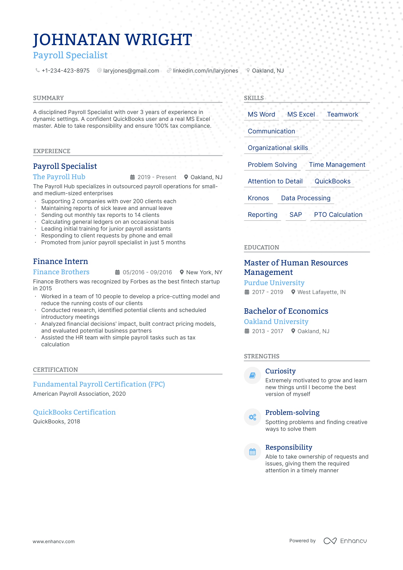 Payroll resume example