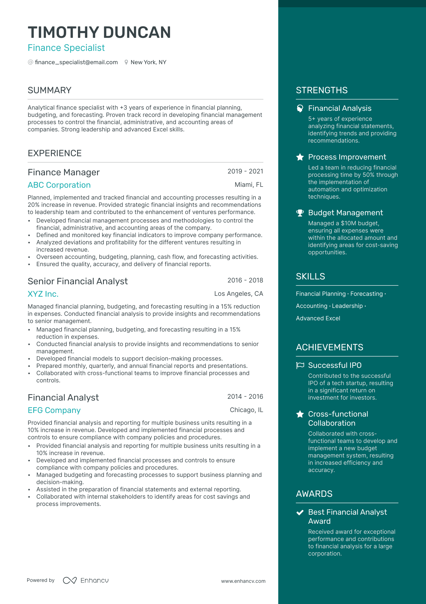 finance specialist resume example