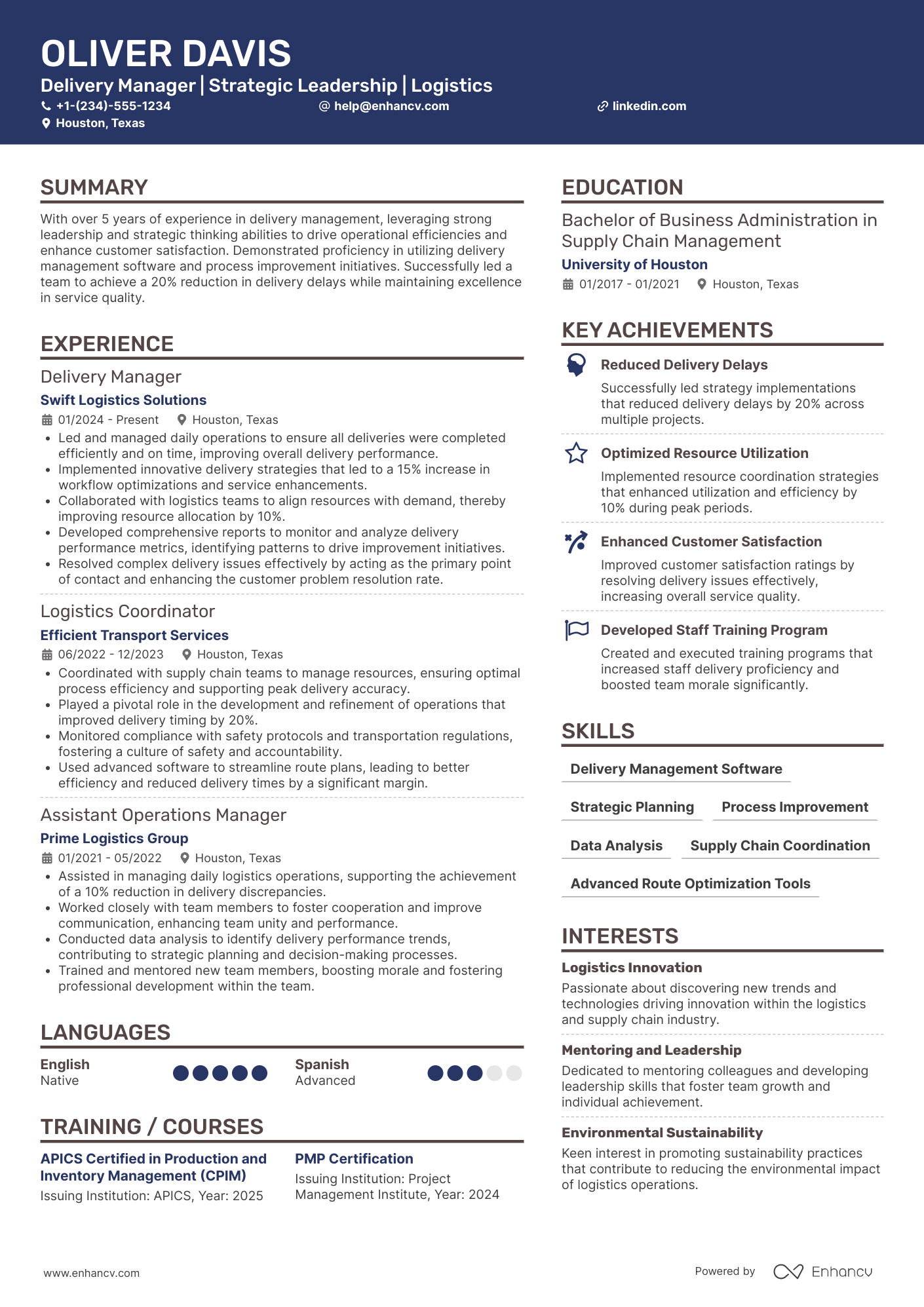 Delivery Manager resume example