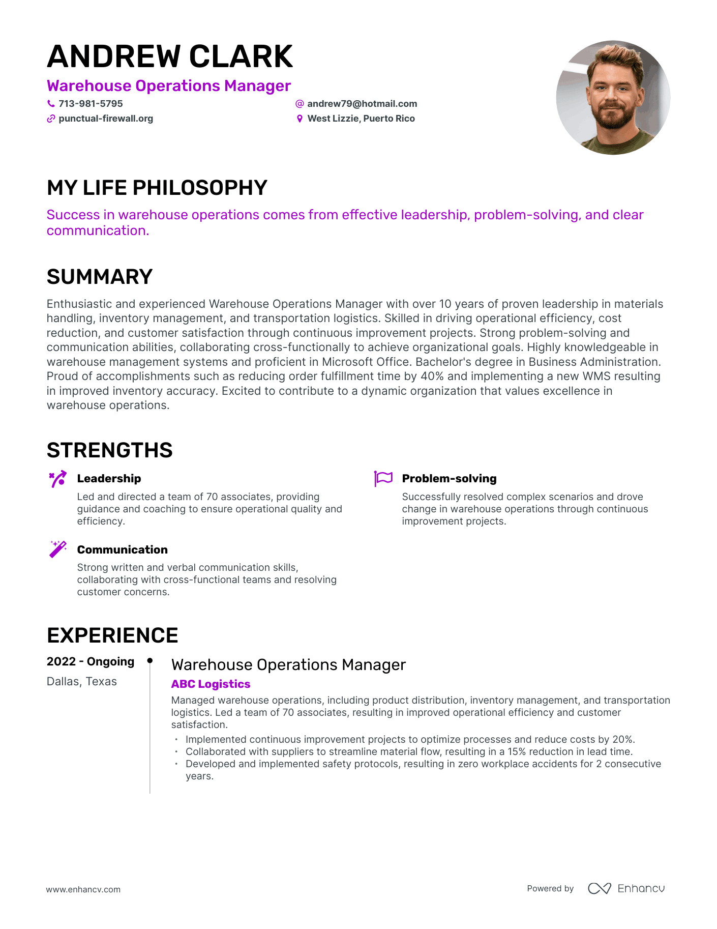 Creative Warehouse Operations Manager Resume Example