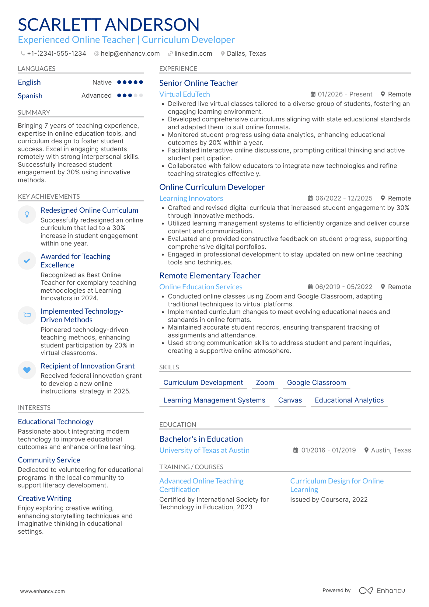 Online Teacher resume example