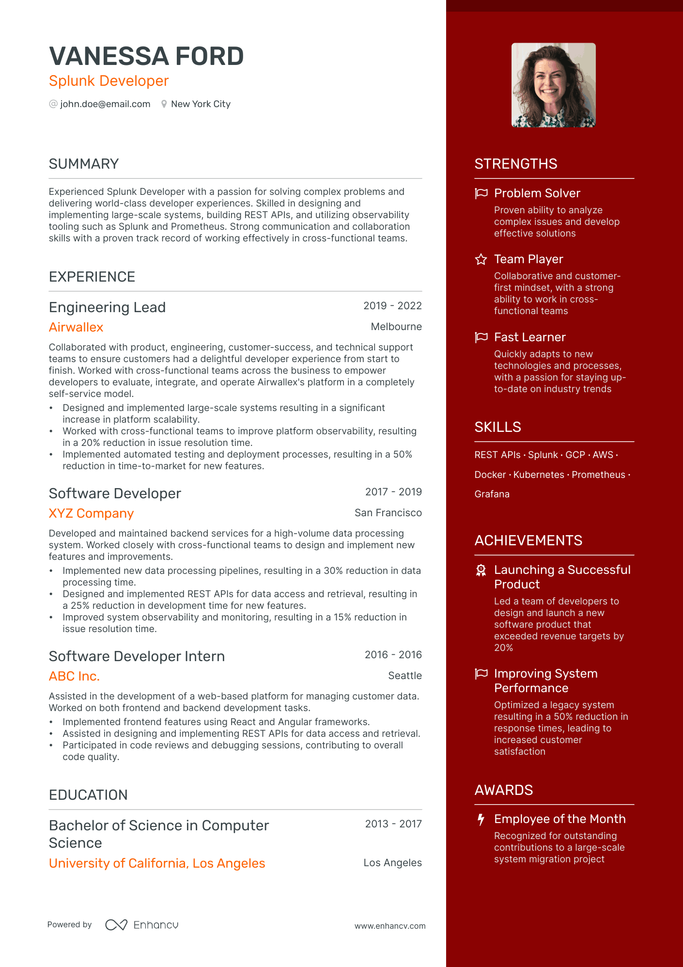 splunk developer resume example