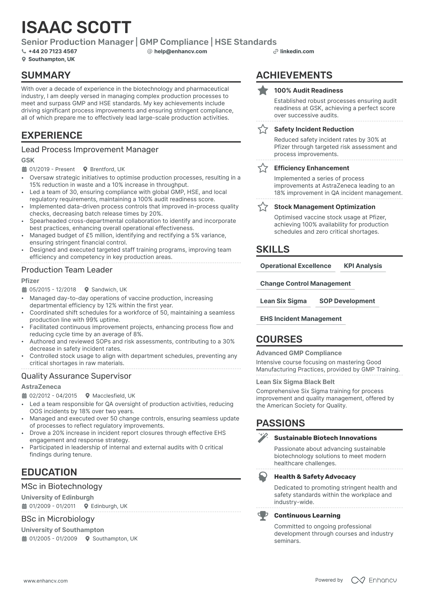 Production Manager cv example