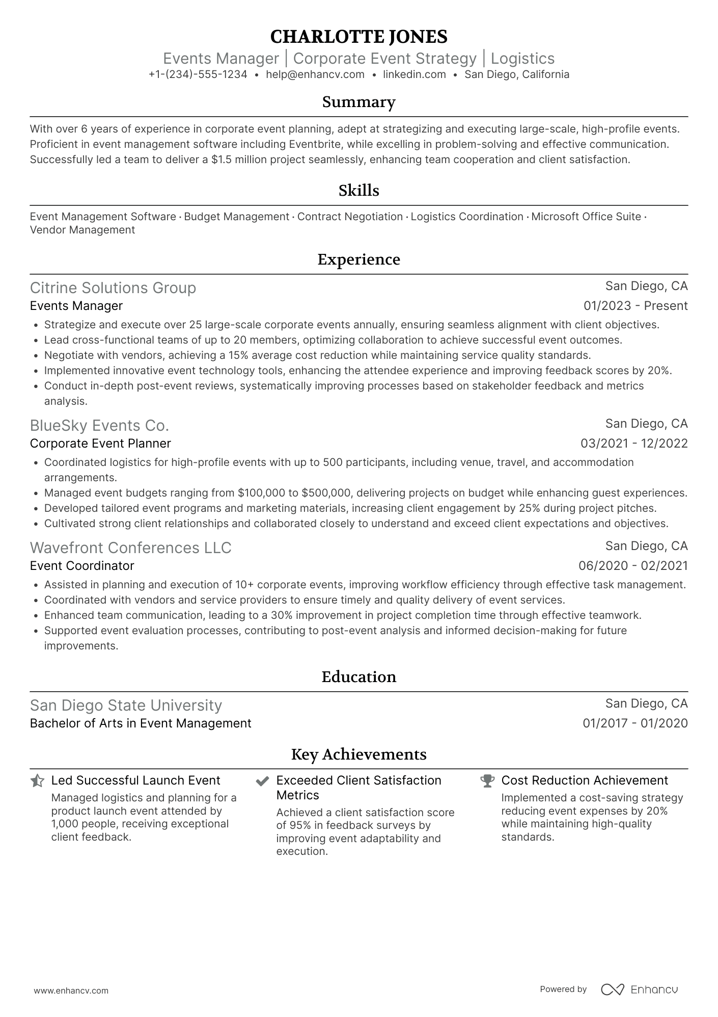 Events Manager resume example